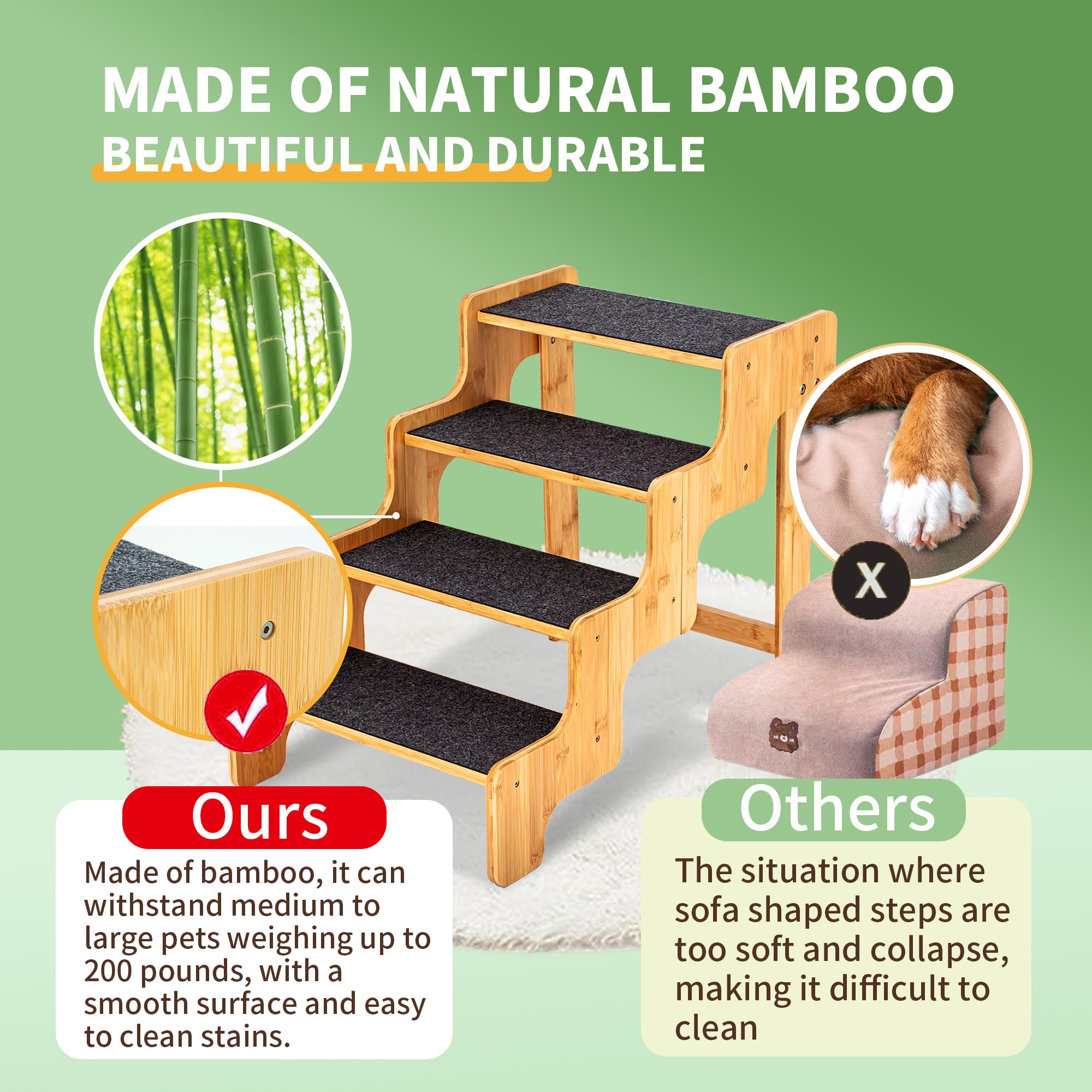 Dog Stairs For Large/Oldder Dogs,4 Steps Bamboo Wooden Pet Ramp For High Beds, Cars & Couch Sofa - Supports Dog Up To 160 Lb,20-