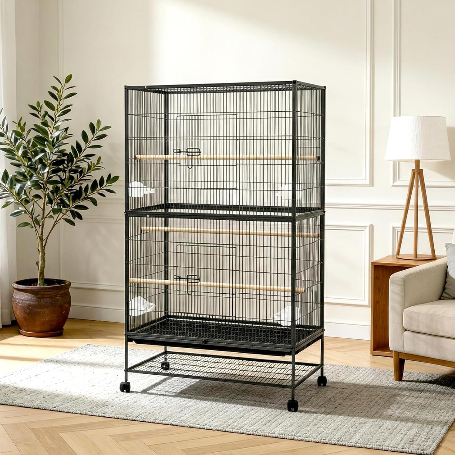 61 Bird Cage with Rolling Stand, Spacious Birdcage with Storage Shelf, Including Tray, 3 Perches and 4 Food Cups, Aviary for Par