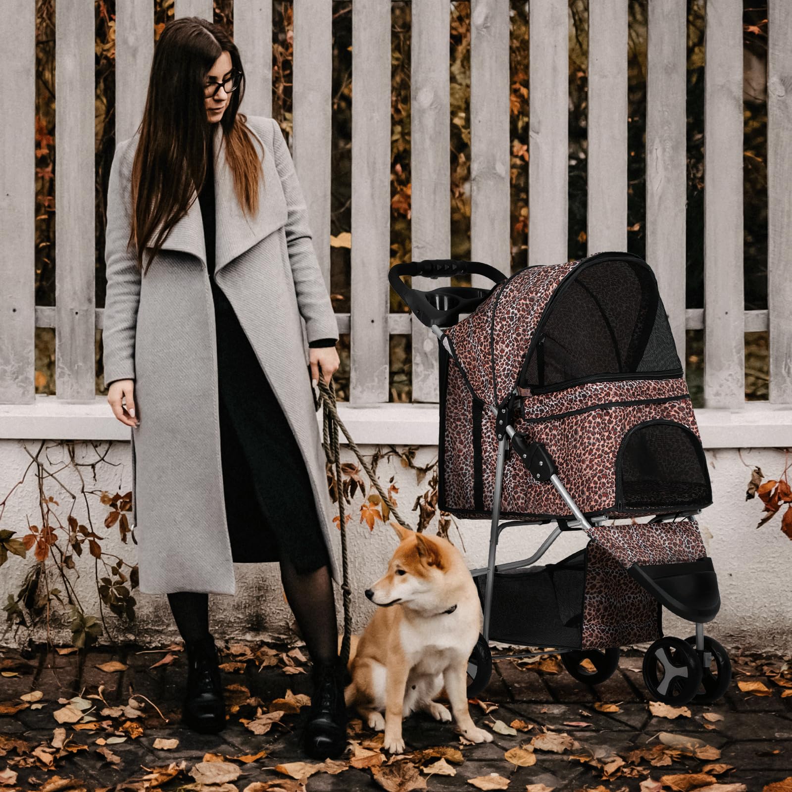 Monibloom 3 Wheels Pet Dog Cat Stroller For Small Medium Dogs Cats, Lightweight Foldable Jogger Stroller W/Storage Basket & Cup Holder, Leopard Print