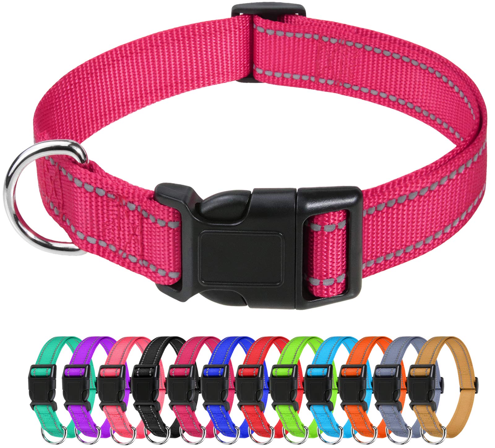 Tagme Reflective Nylon Dog Collars, Adjustable Classic Dog Collar With Quick Release Buckle For Puppy, Hot Pink, 3/8' Width