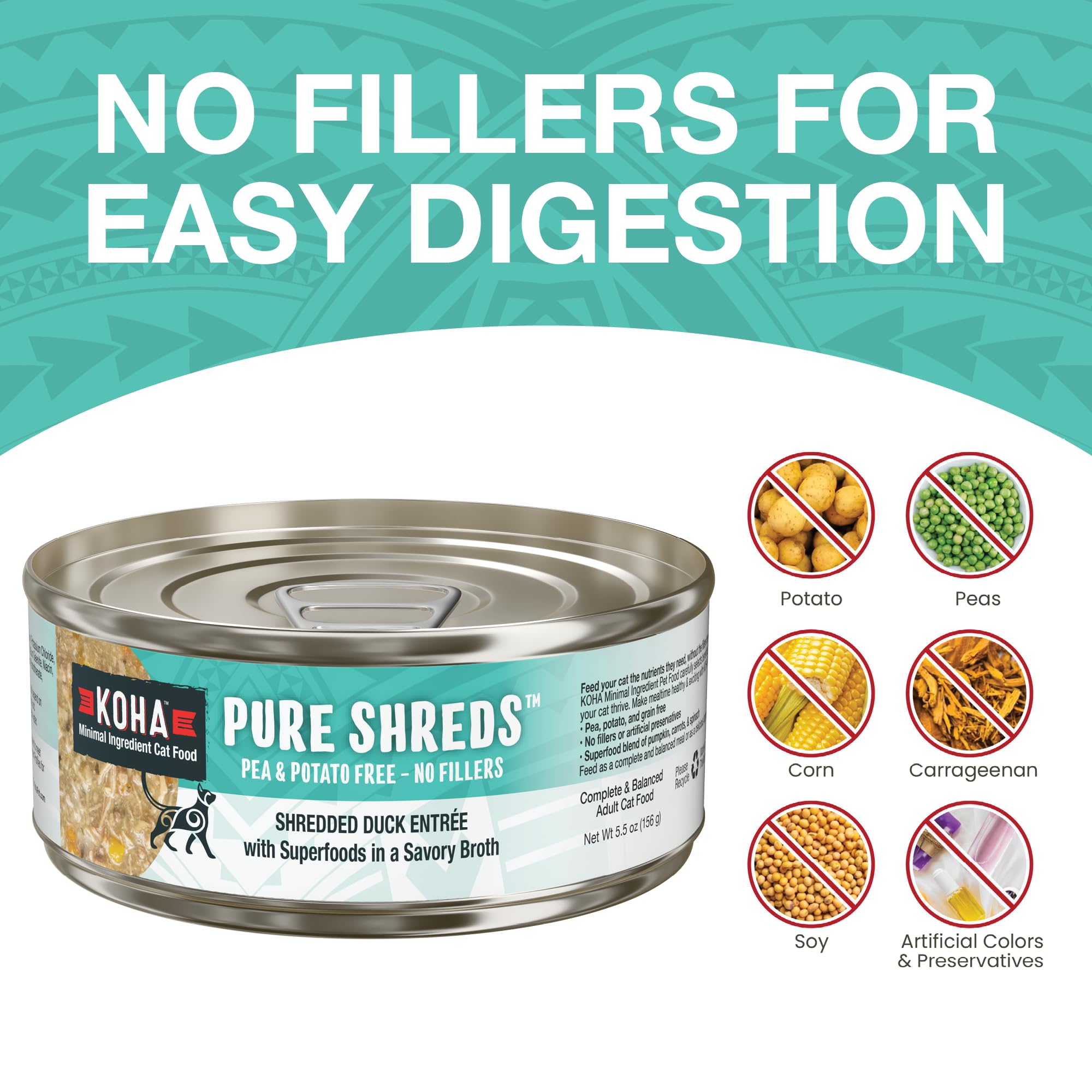 KOHA Pure Shreds Duck Entr  e for Cats, Single Meat Wet Cat Food 2.8oz Cans (Pack of 24)