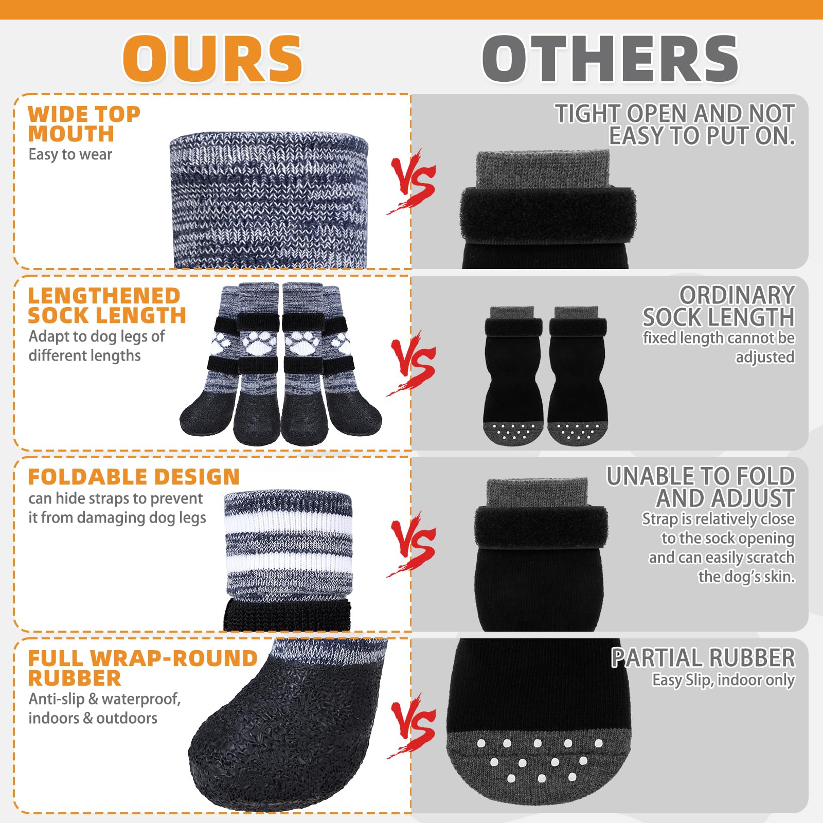KOOLTAIL Anti Slip Dog Socks to Prevent Licking Paws for Hot/Clod Pavement,Waterproof Long Snow Dog Boots&Paw Protector with Str