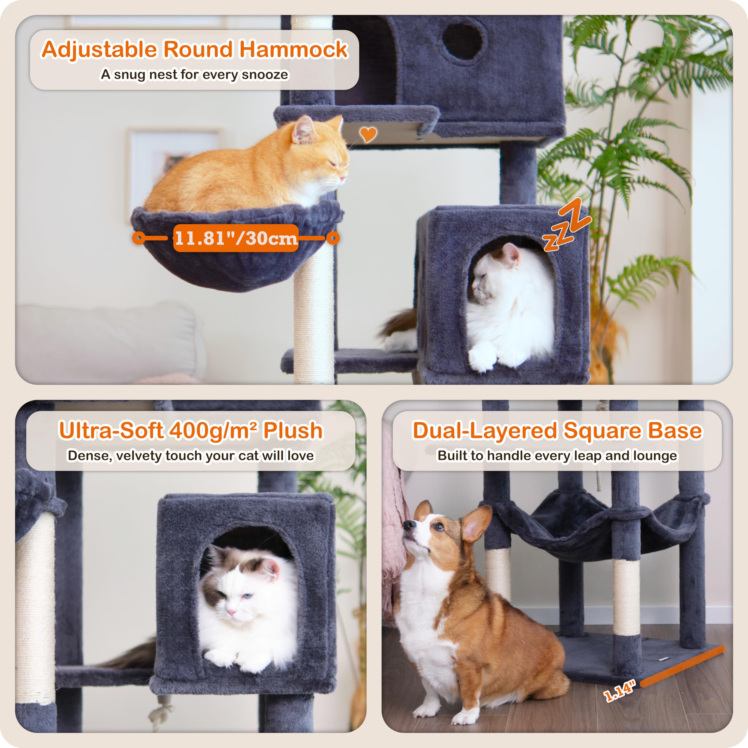 Ouritsu Cat Tree, 73.6 Inch Tall Cat Climbing Tower For Large Cat Indoor With 2 Large Condos, 2 Widened Perches, Sisal Covered S