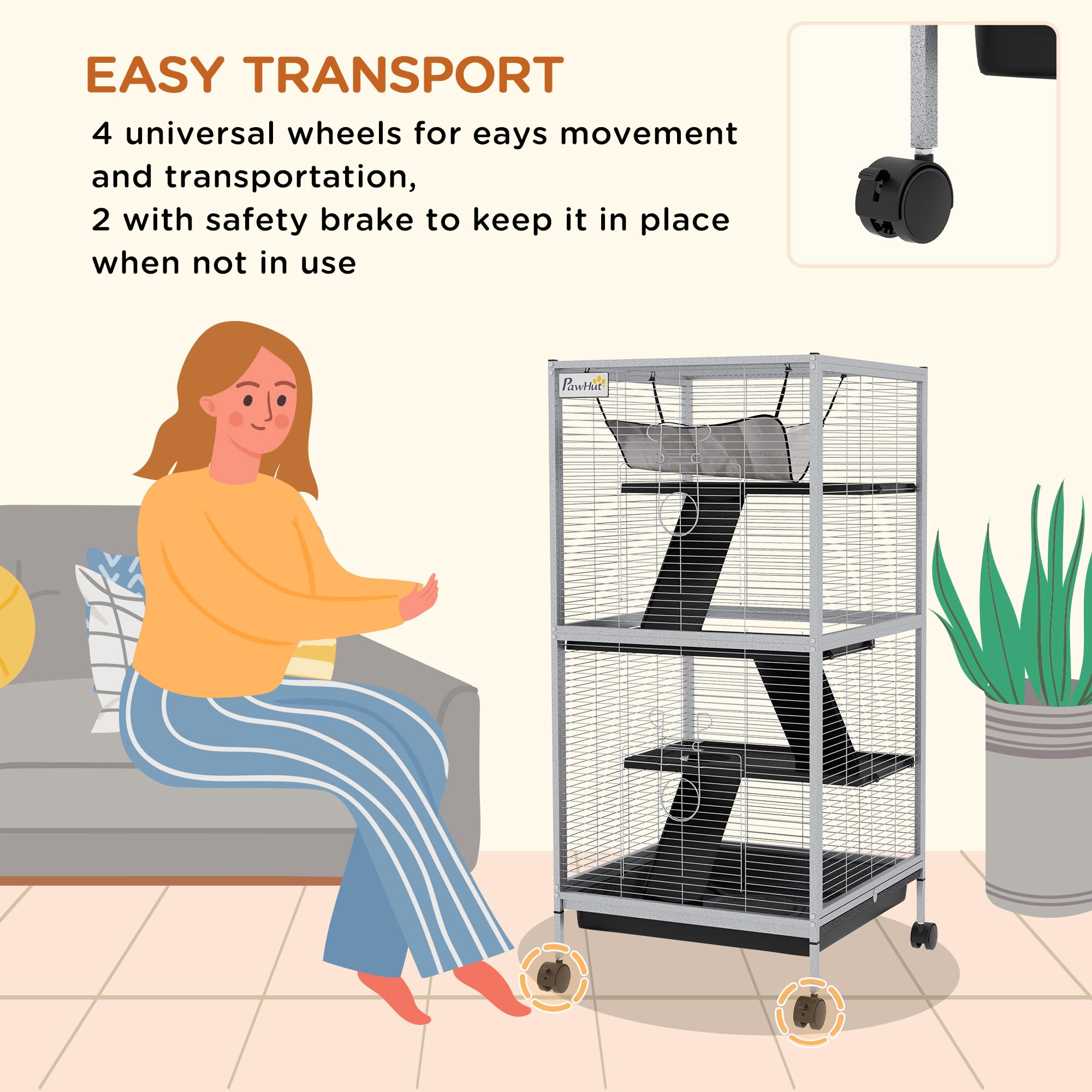 Pawhut Metal Small Animal Cage Rolling Big Ferret Cage, Chinchilla Cage, Sugar Glider Cage, With Hammock & 4 Tiers, Removable Tray, White