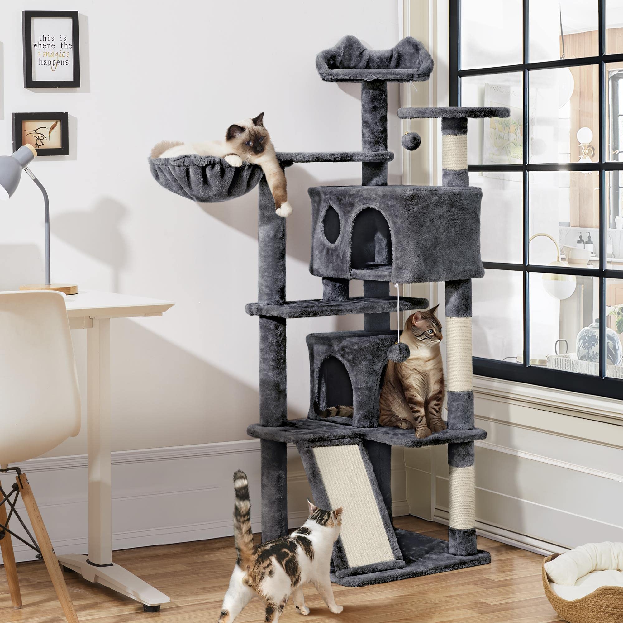 Yaheetech 57 Inches Cat Tree For Indoor Cats, Multi-Level Cat Tower W/ 3 Padded Perches, 2 Cat Condos, 2 Hanging Balls And Scratching Posts, Dark Gray