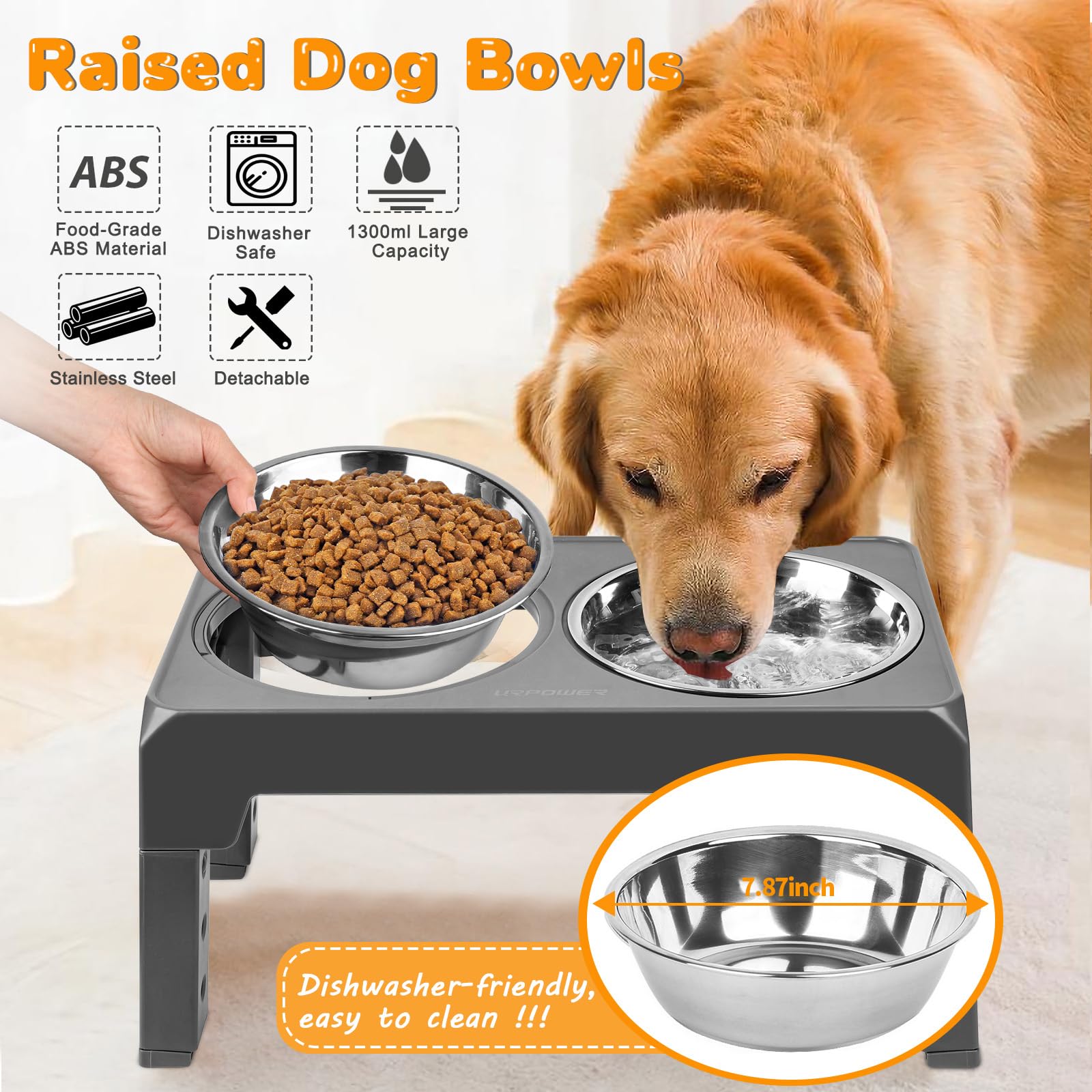 URPOWER Elevated Dog Bowls 4 Height Adjustable Raised Dog Bowl with 2 Stainless Steel Food and Water Bowls Non-Slip Bowl Stand A