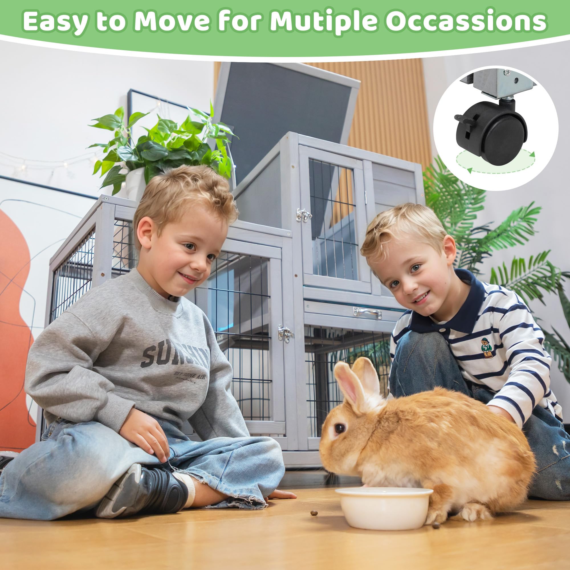 Rabbit Hutch Indoor Outdoor Bunny Cage 39'' L Large 2-Story Wooden Small Animal House Enclosure With Wheels, 2 Removable Trays,