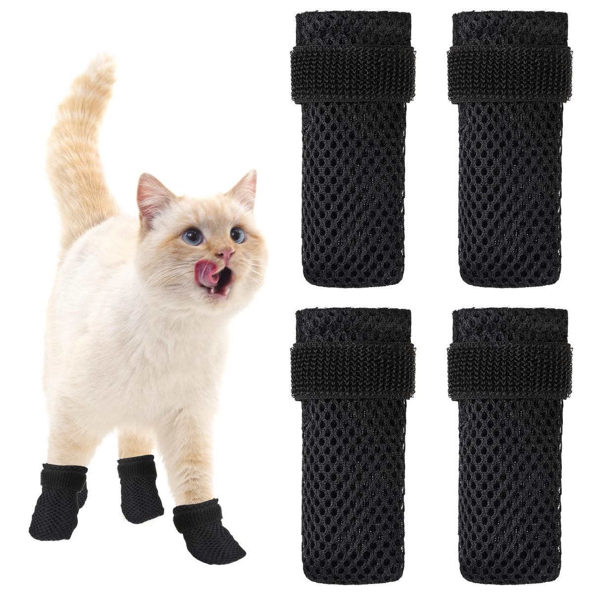 Kalione Cat Boots, 4 Packs Cat Claw Covers, Black Anti Scratch Cat Mittens, Breathable Mesh Cat Foot Covers, Adjustable Cat Claw