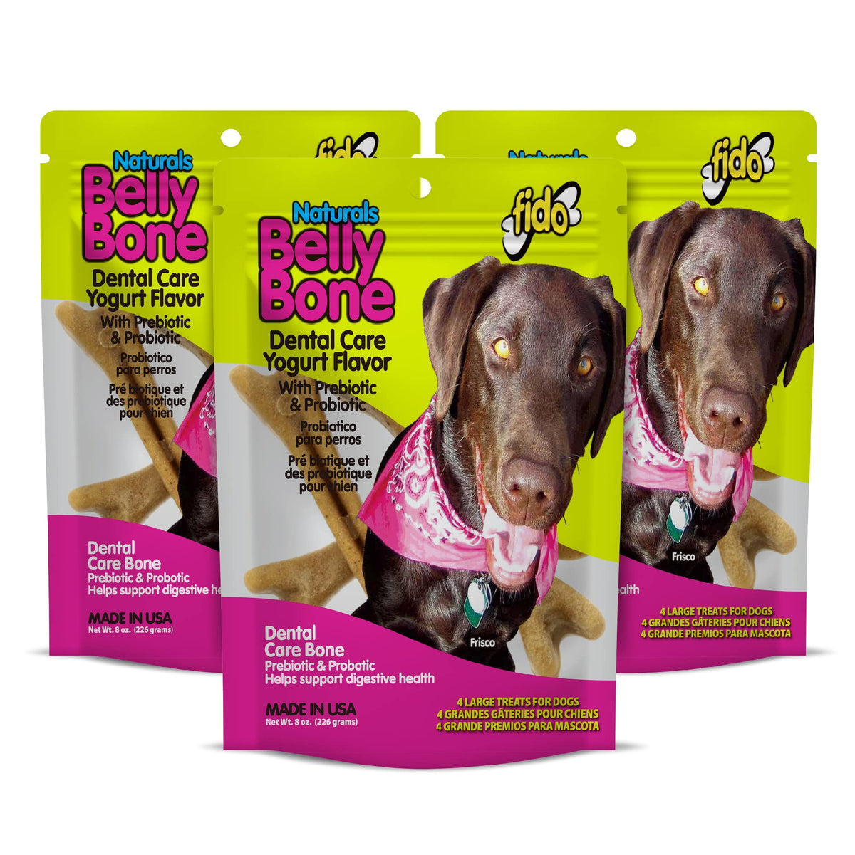 Fido Belly Bones For Dogs, Yogurt Flavored Large Dog Dental Treats - 4 Treats Per Pack (3 Pack) - For Large Dogs (Made In Usa) - Plaque And Tartar Control For Fresh Breath, Digestive Health Support