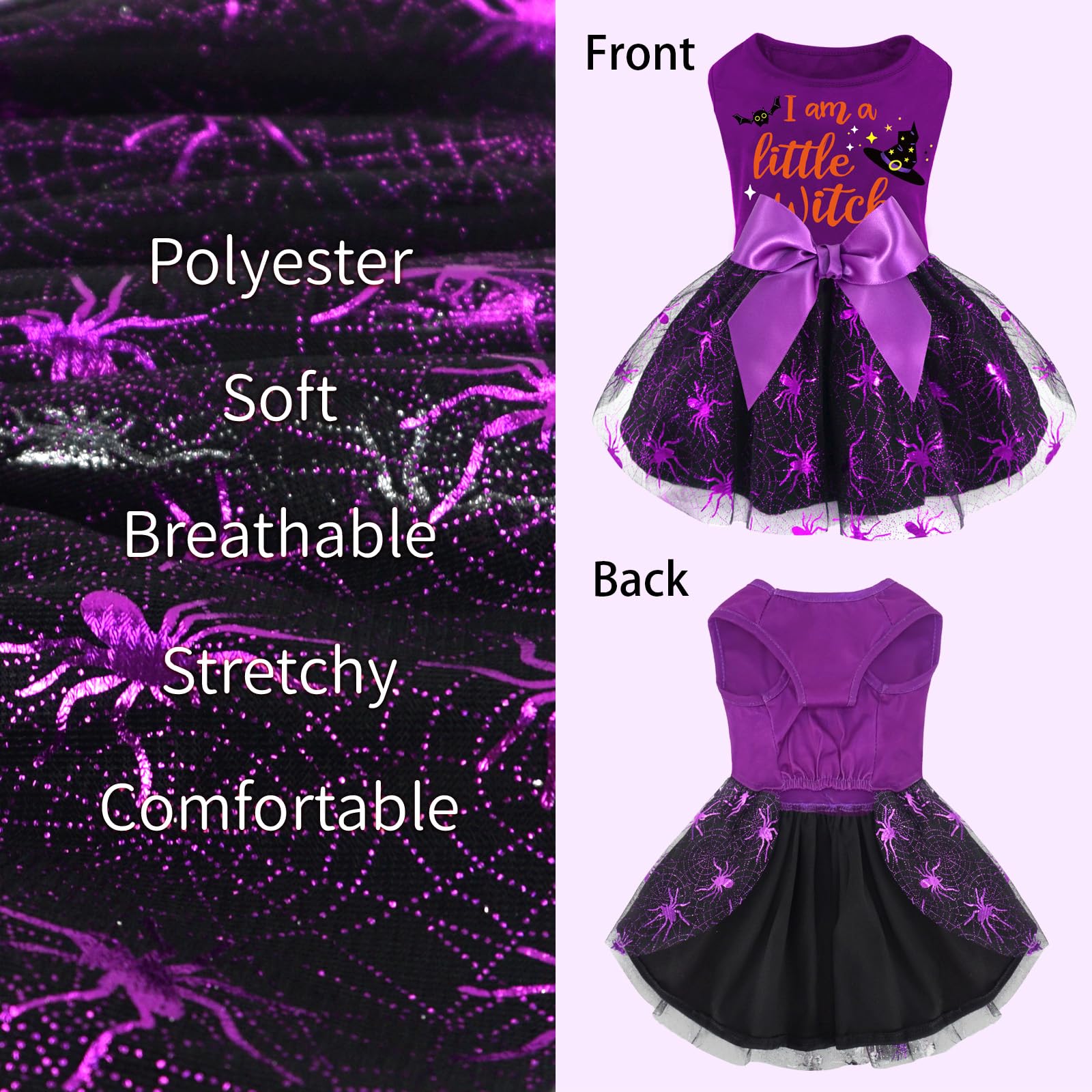 Xpudac Halloween Dog Dress Witch Tulle Dress Holiday Dog Clothes For Small Dogs Girl, Spider Pet Costume Cat Apparel, Purple-Xs