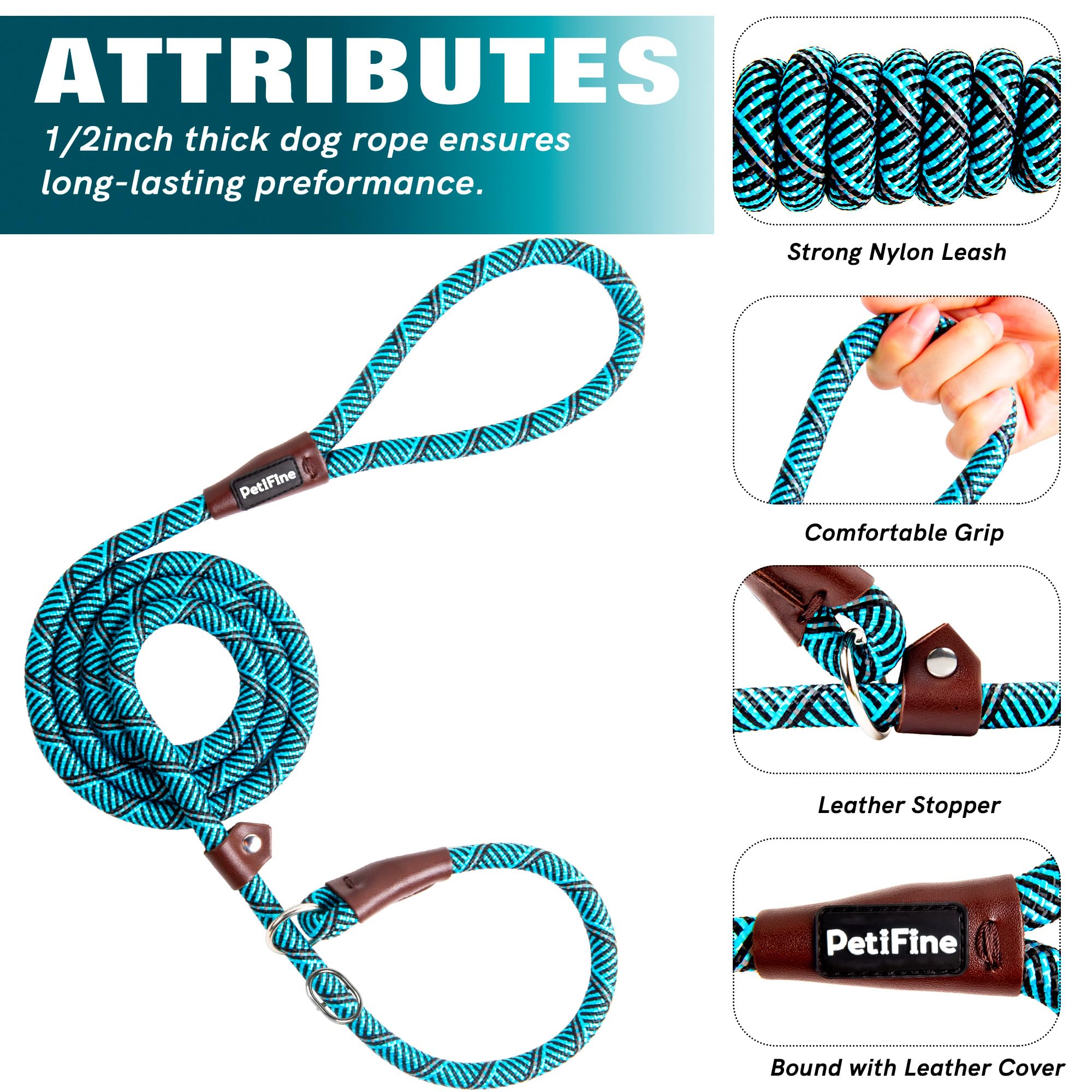 Petifine Slip Lead Dog Leash,6Ft X 1/2'' Reflective Durable Dog Training Lead, Heavy Duty Adjustable Nylon Dog Rope Slip Leash F