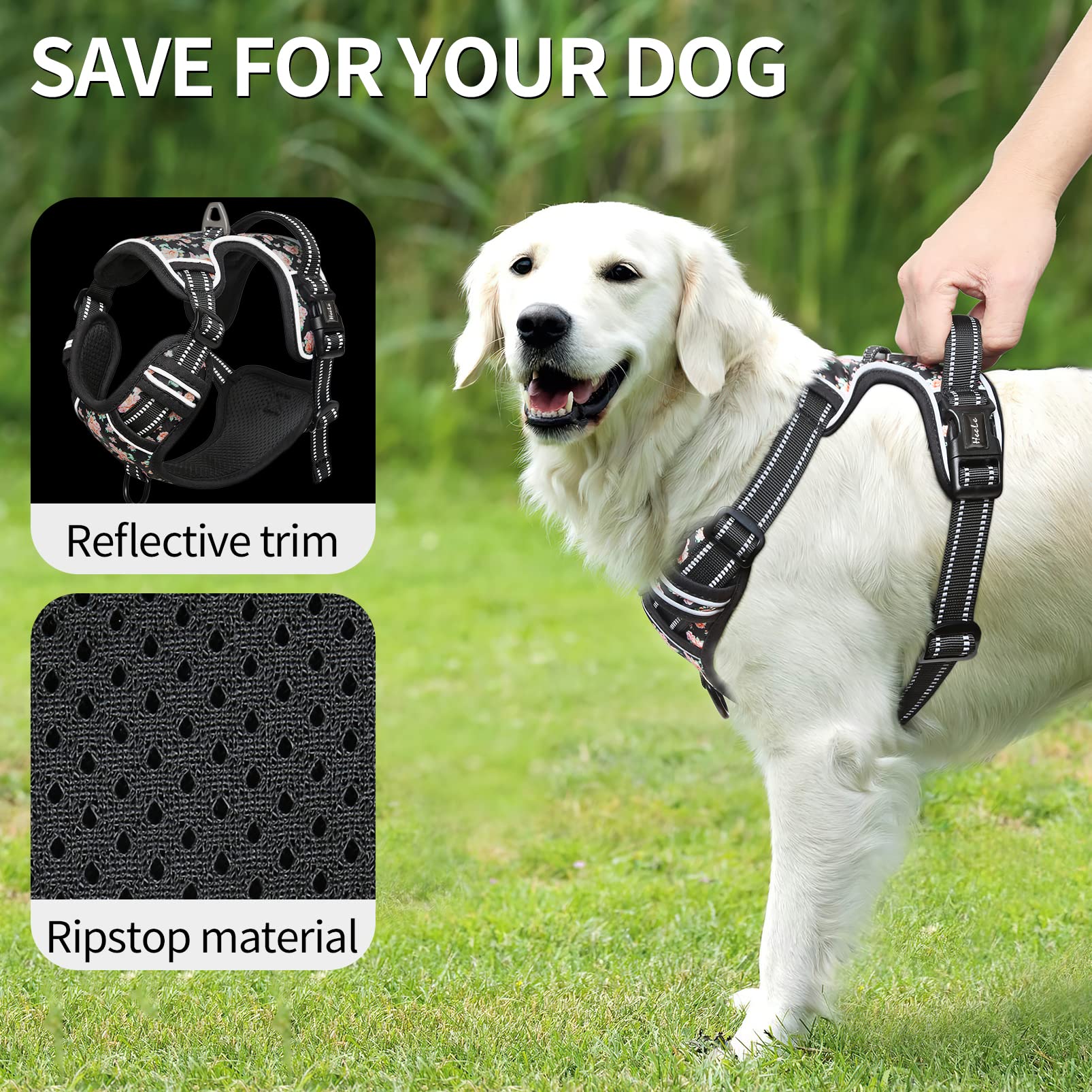 HEELE Dog Harness, No Pull Adjustable Padded Reflective Harness for Small Medium Large Dogs with Handle for Walking Training, Fl