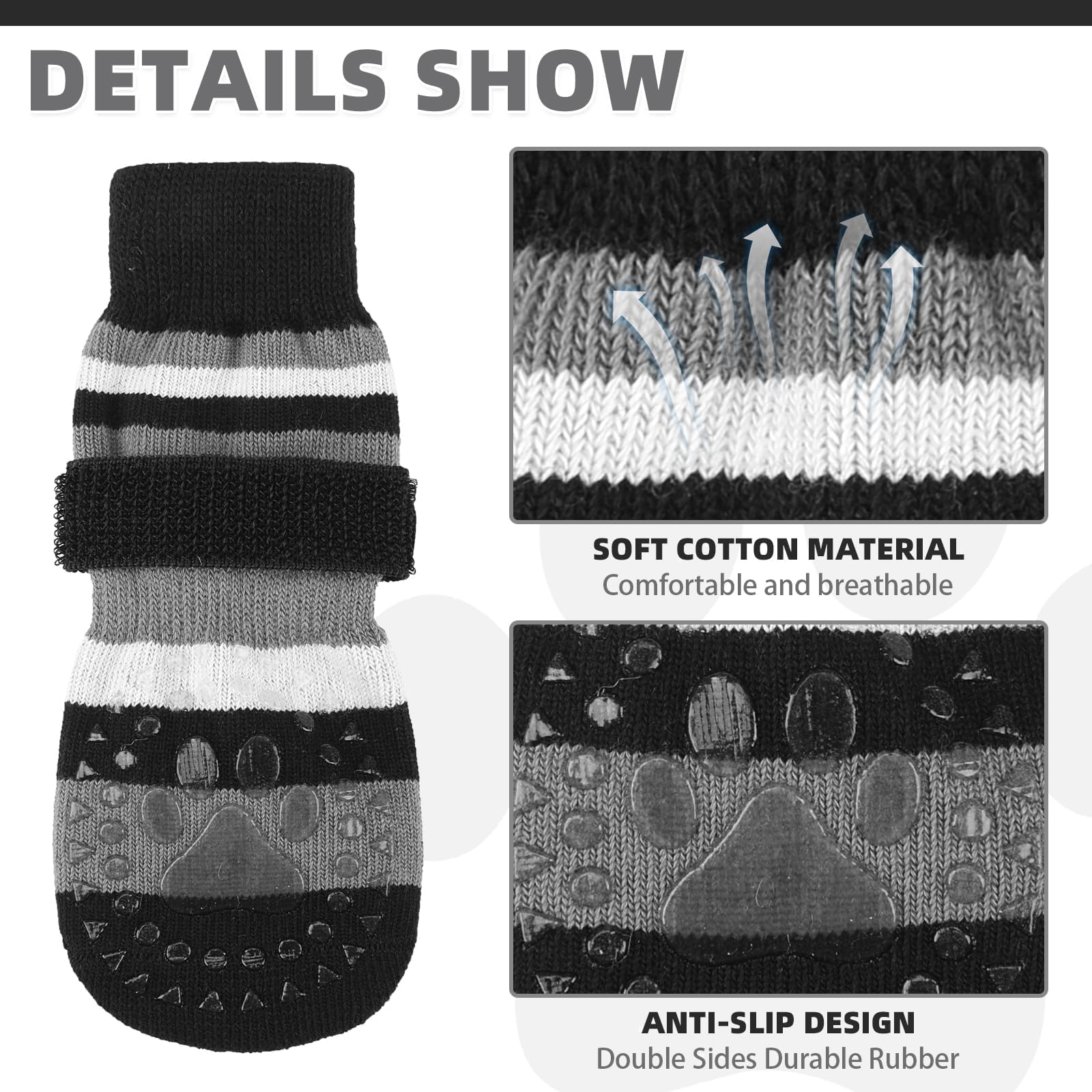 KOOLTAIL Anti Slip Dog Socks for Cold Snow Pavement to Prevent Licking Paws with Grippers, 3 Pairs Paw Protector, Double Sides S