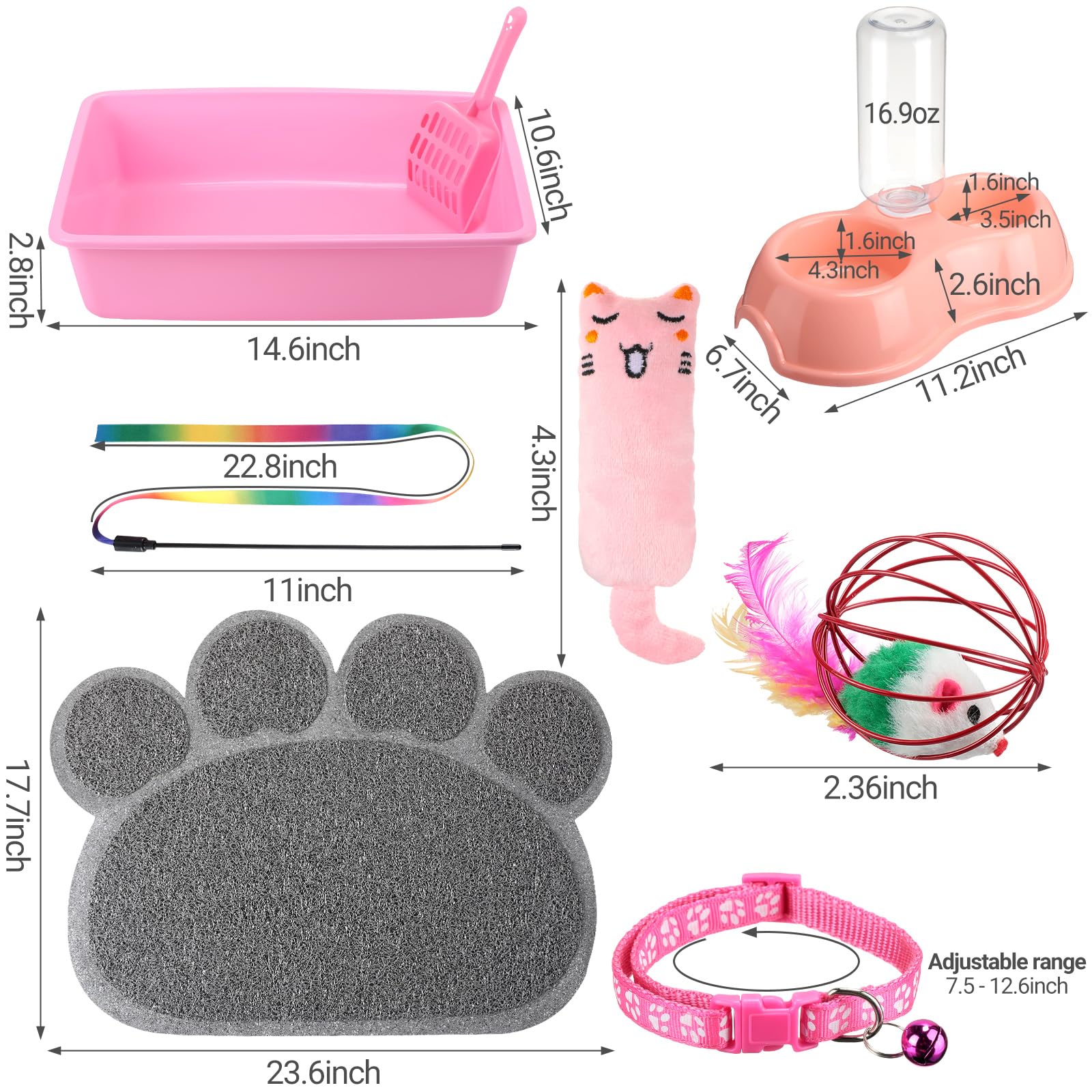 7 Pcs Small Cat Kitten Starter Kit - Litter Box, Paw Mat, Double Bowls, Toy Teaser Stick, Collar - Essentials Kit for 1-3 Lbs Be