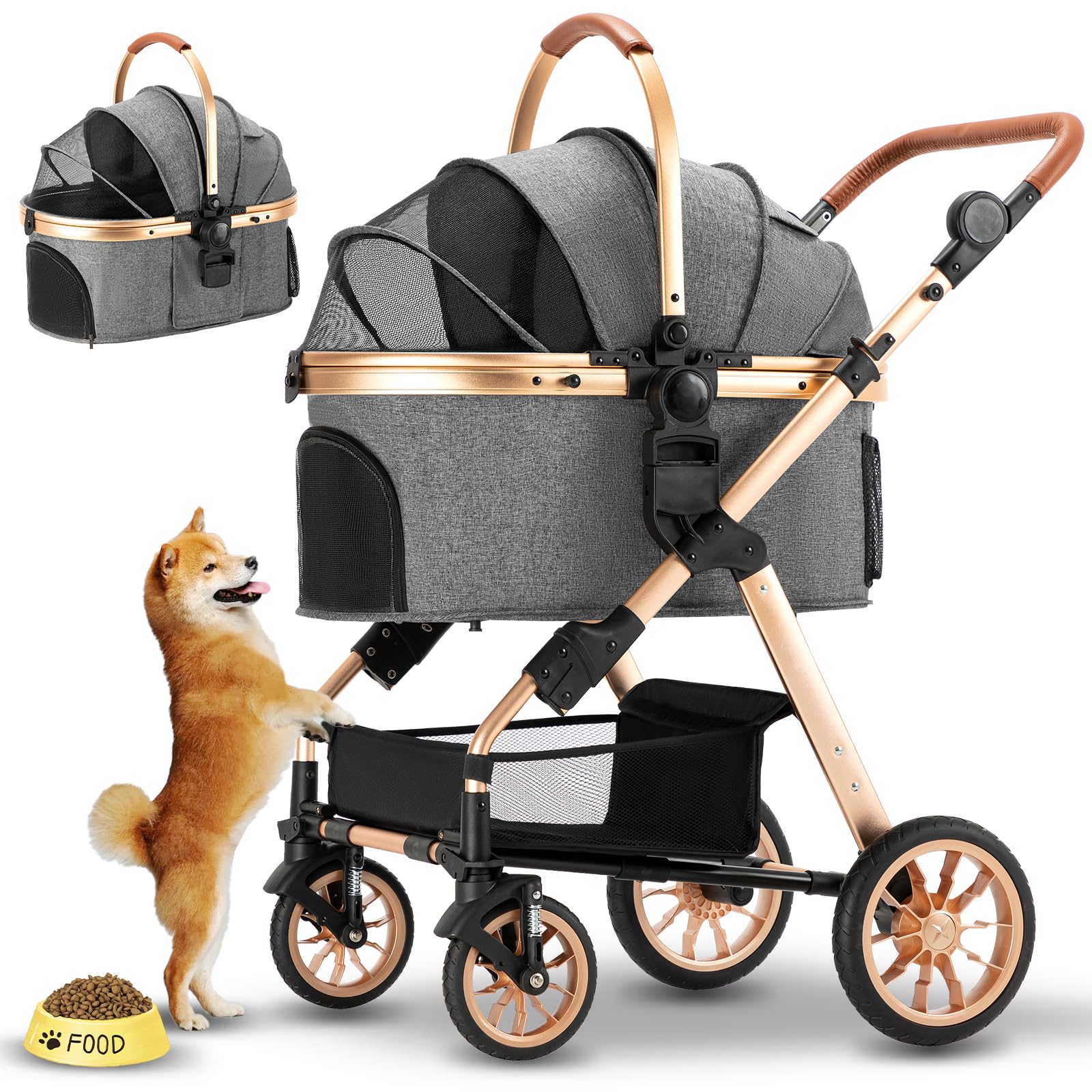 Ingborsa Pet Stroller For Medium & Small Dogs - Foldable, Lightweight Dog Carrier With Storage Basket (Gray)