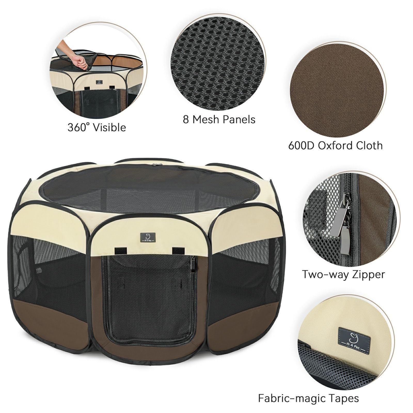A4Pet Portable Foldable Pet Playpen, Dog Playpen Indoor/Outdoor - Ideal For Dogs, Cats, Rabbits - Removable Zipper & Collapsible Travel Bowl