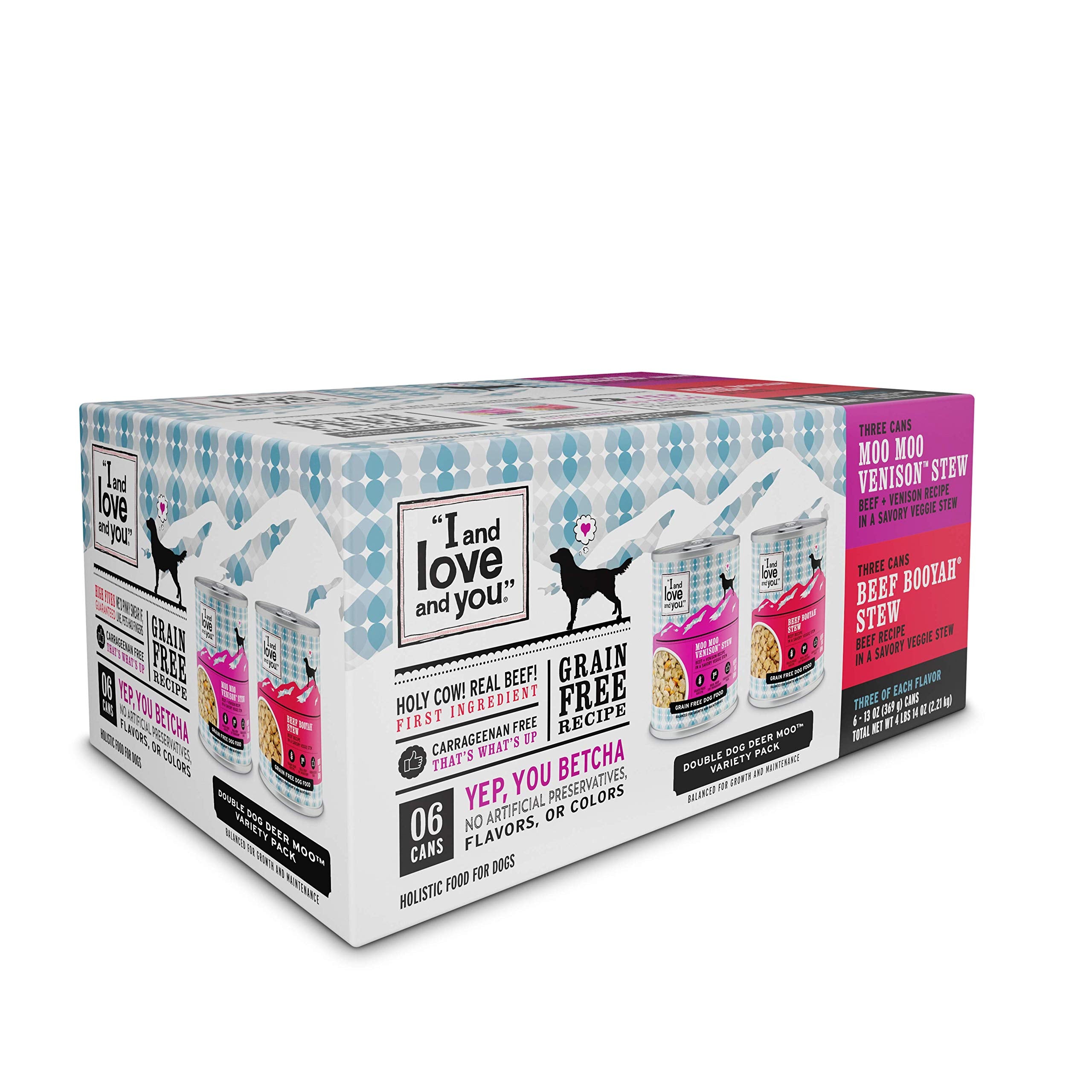 I AND LOVE AND YOU Wet Dog Food - Double Dog Deer Moo Variety Pack - Beef + Venison, Grain Free, Filler Free 13oz can, 6pk