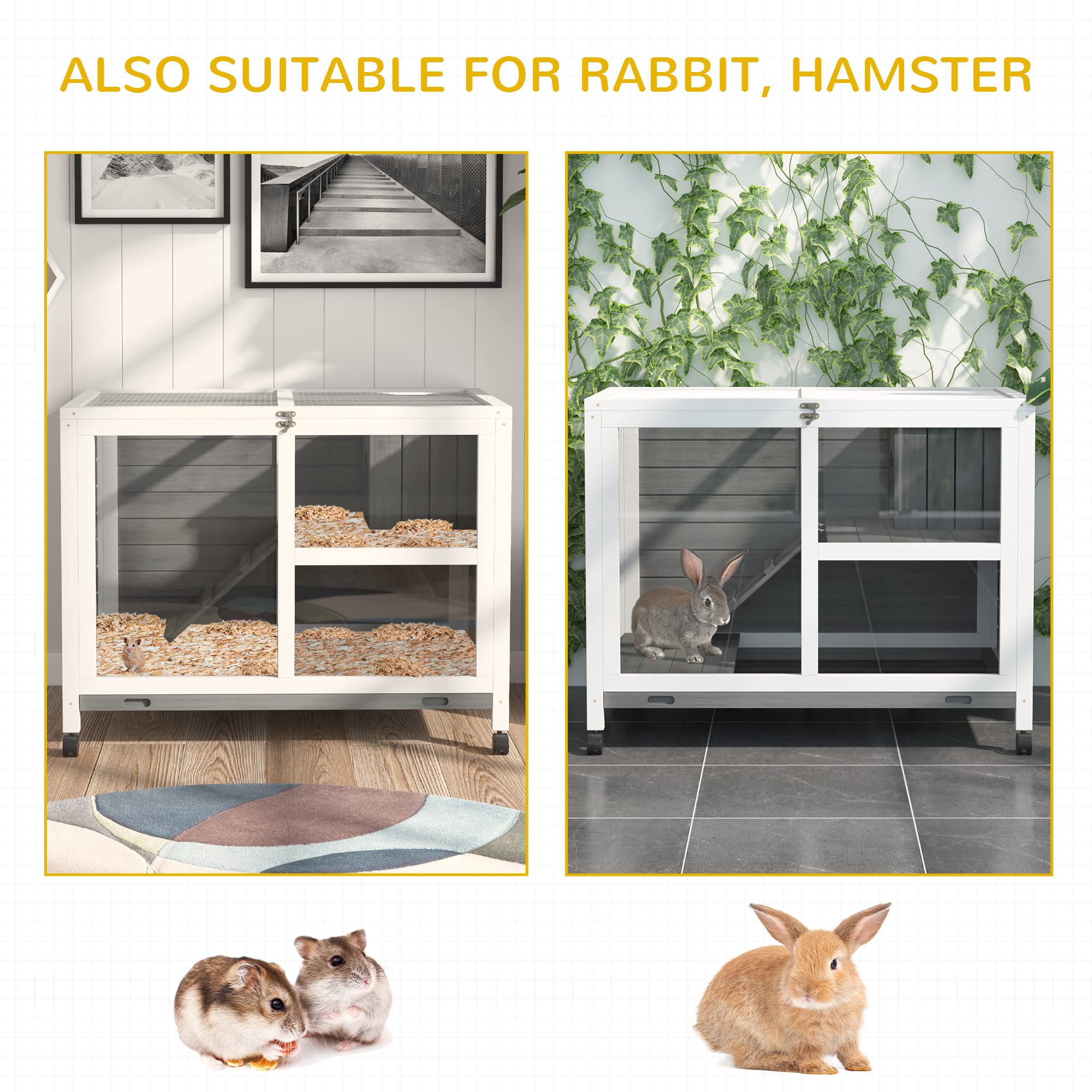 Pawhut Indoor Rabbit Hutch With Wheels, Desk And Side Table Sized, Wood Rabbit Cage, Waterproof Small Rabbit Cage, Gray