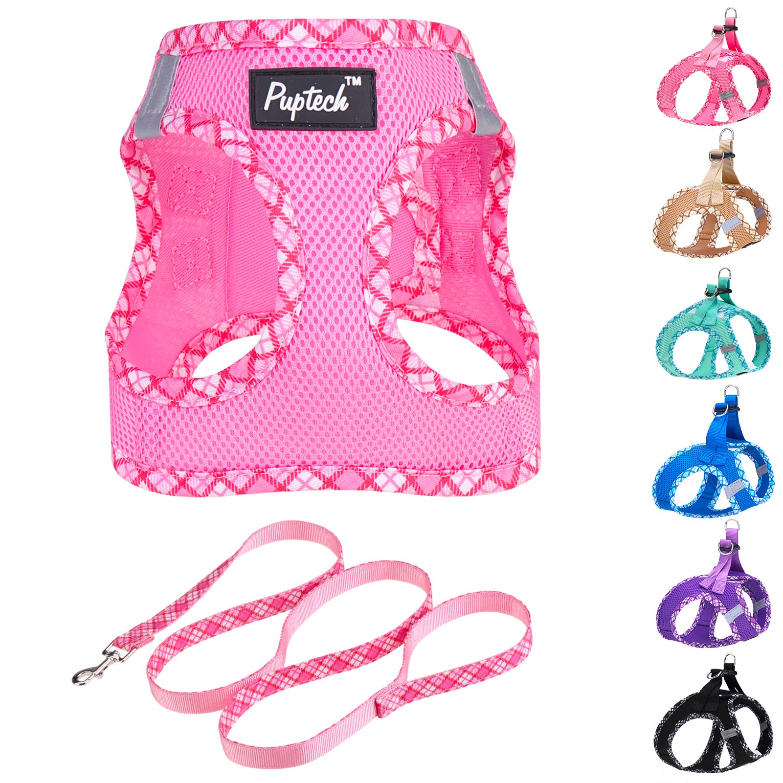 Pupteck Dog Harness And Leash Set For Small Medium Dogs No Pull Step-In Soft Mesh Puppy Cat Vest Harnesses Reflective At Night, Pink Xs