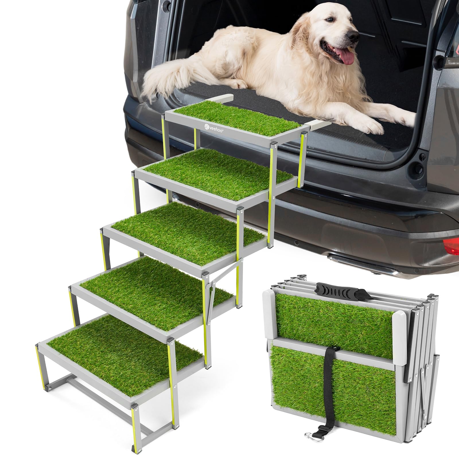 Veehoo Dog Stairs For Car, Aluminum Folding Dog Steps For Truck And Suv, Portable Car Ramp For Large Dogs With Non-Slip Artifici