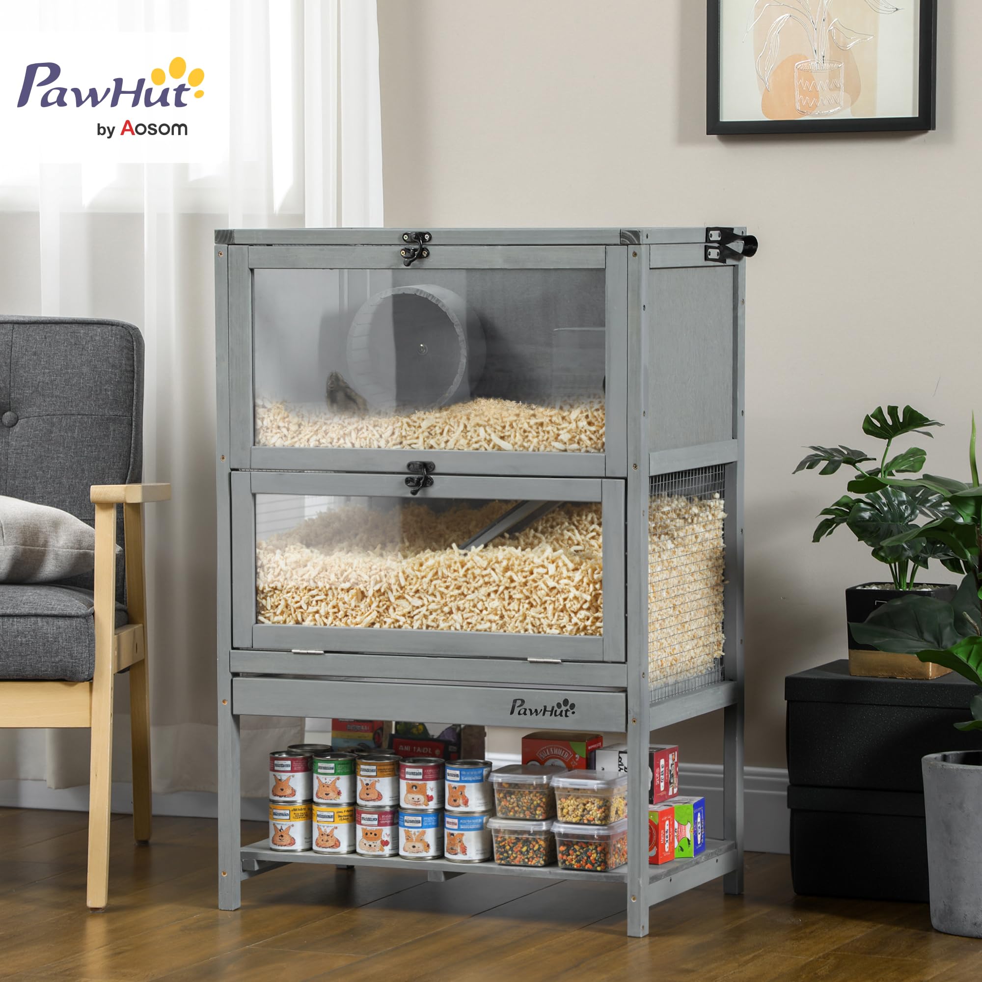 PawHut Wooden Hamster Cage with Storage Shelf, Large Rat Mouse Habitat Including Seesaw, Small Animal Cage with Sliding Tray, Wi