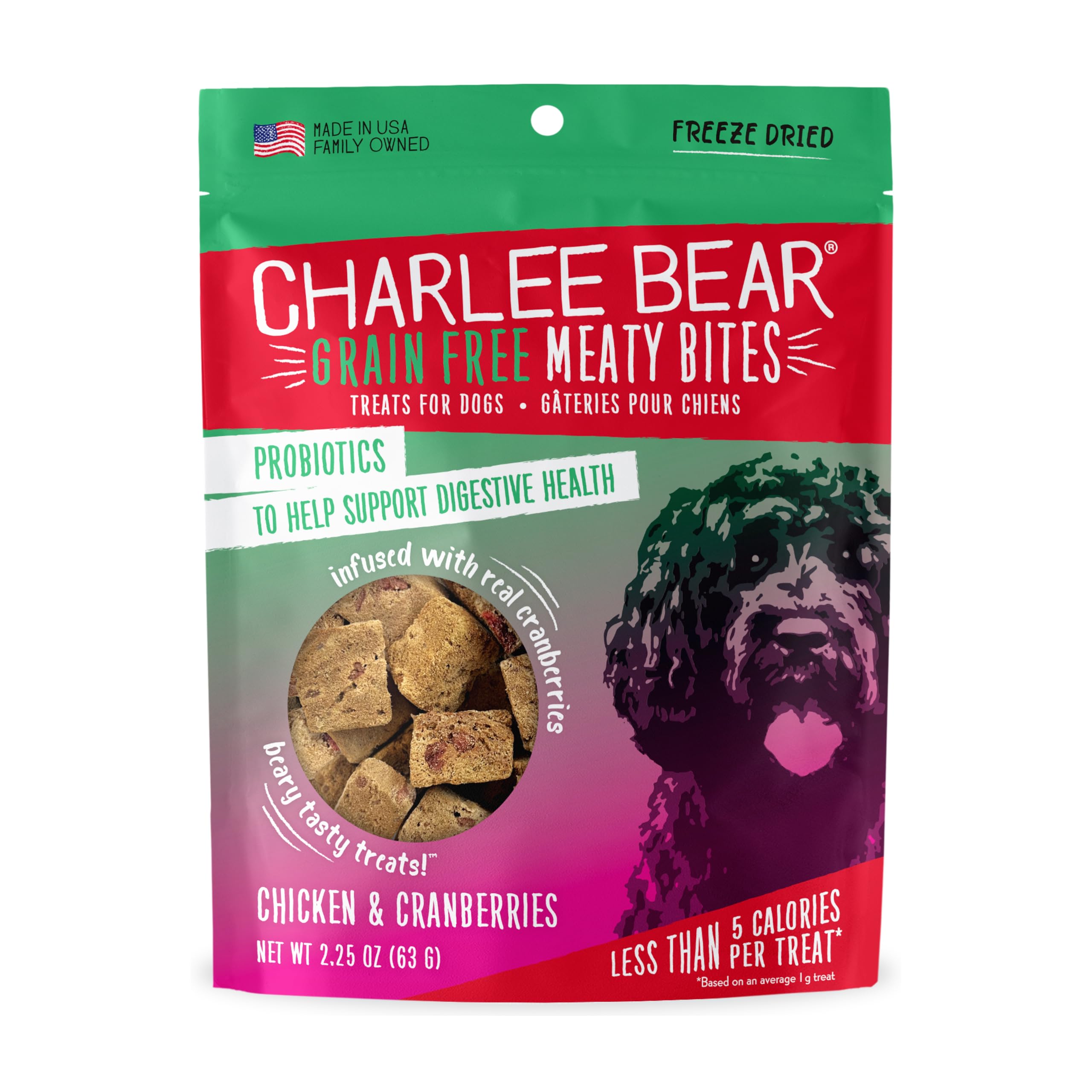 Charlee Bear Grain Free Meaty Bites Freeze Dried Dog Treats, Chicken and Cranberries, 2.25 Ounce Resealable Bag, Training Treats