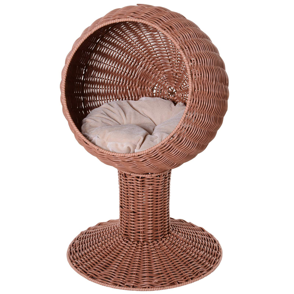 Pawhut Elevated Cat Bed With Rotatable Egg Chair Pod, Cat Basket Bed With Thick Cushion, Natural Mat Grass Woven Kitty House, Br