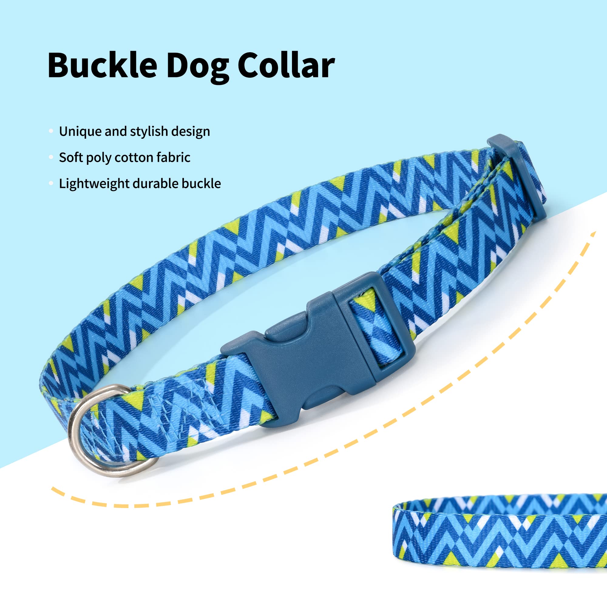 Mile High Life | Geometric Ocean Wavy Pattern | Soft Poly Cotton Fabric | Black Buckle Dog Collar With D Ring| We Donate To Dog Rescues(Light Blue/Hot Blue, Small )