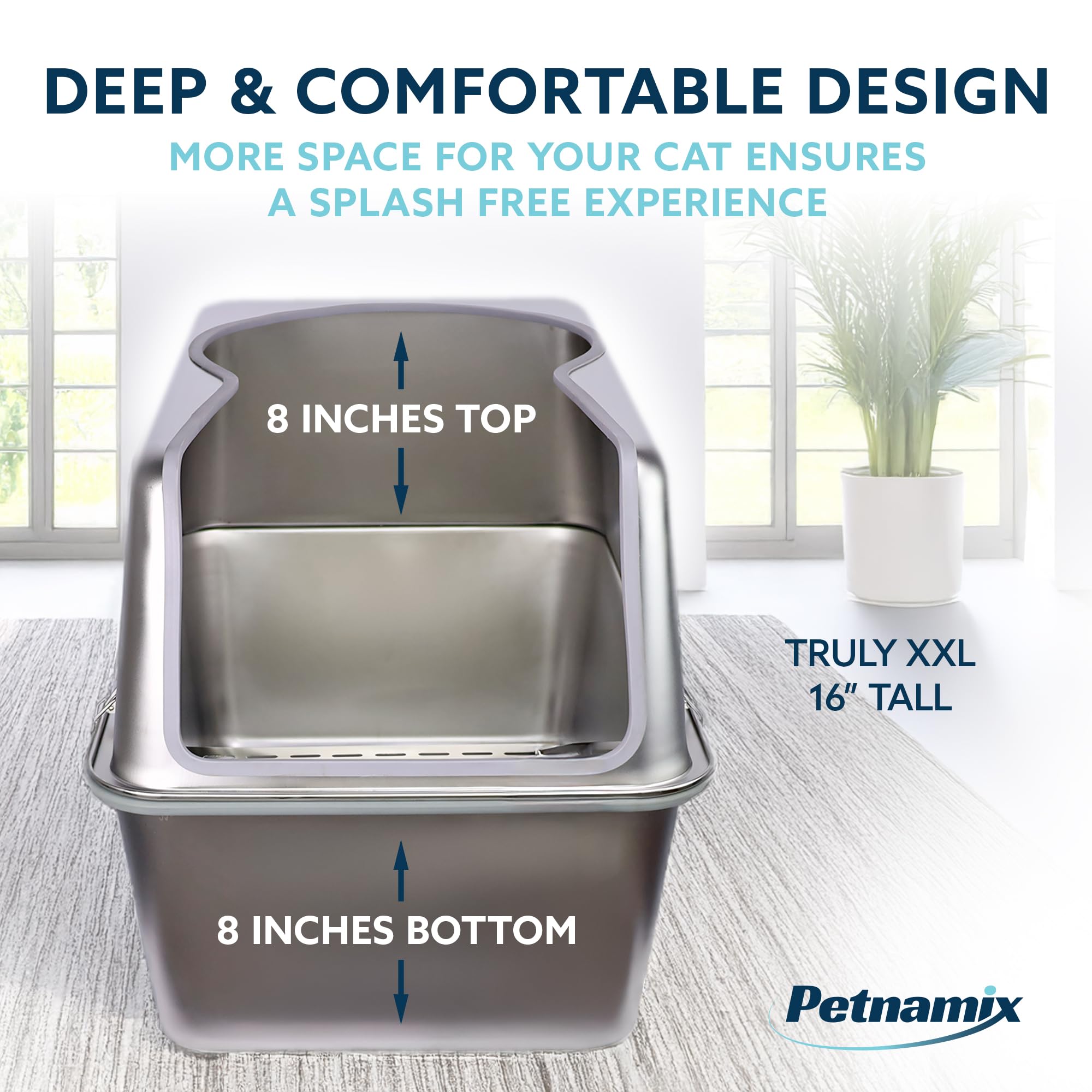 Xxl Stainless Steel Litter Box With Lid 30L Capacity 16 Inch High Sides, Leak Proof Anti Tracking Pedal Non Stick Easy Clean S