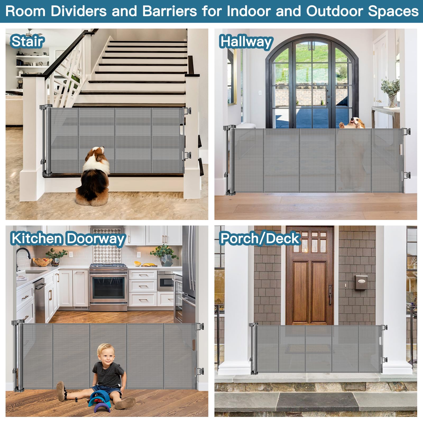 28 Inch Tall Retractable Baby Gates, 80'' Wide Reinforced Retractable Dog Gate with Support Rods, Walk Through Pet Gate, Short D