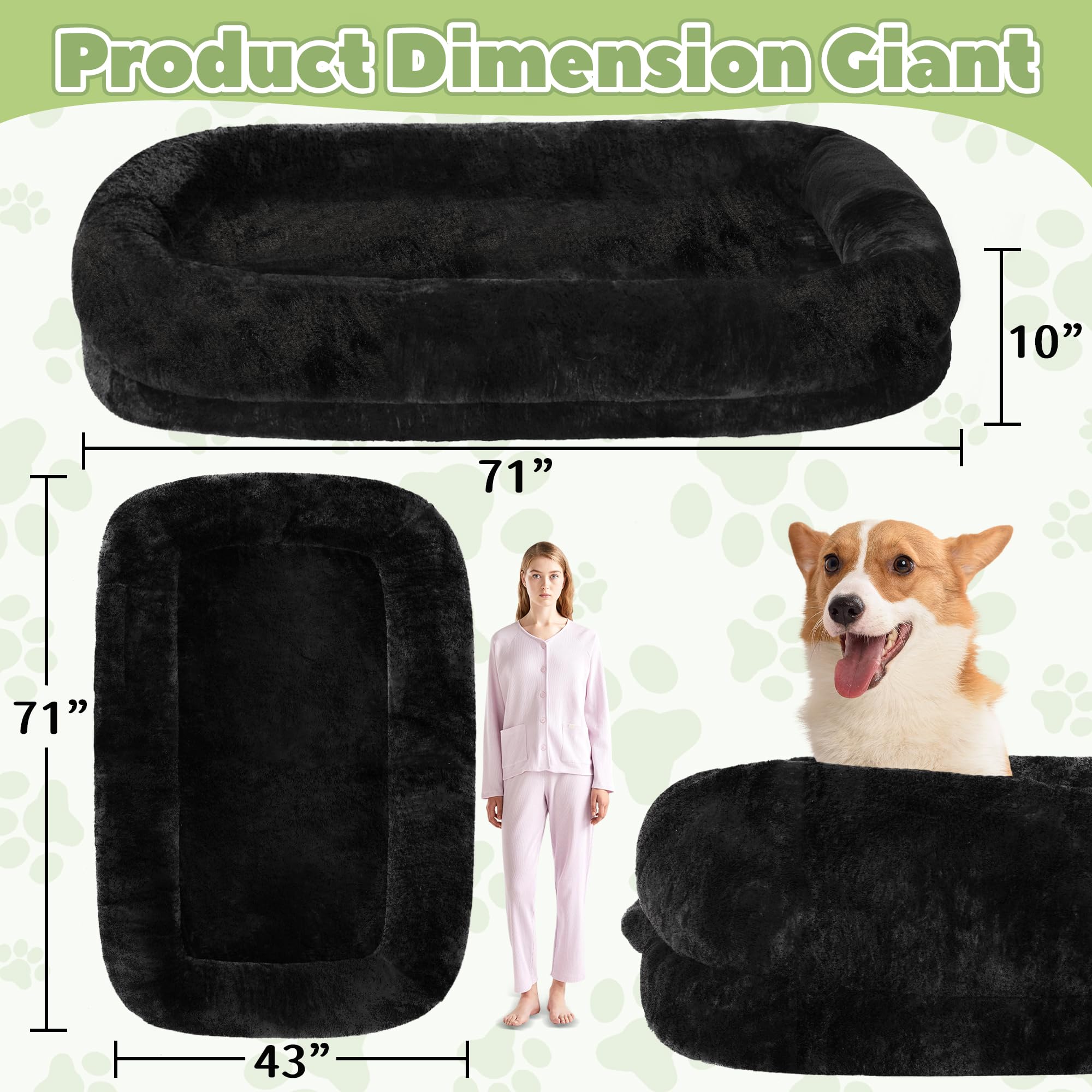 Murago Human Dog Bed For Adults, 40 X 10 X 71 Long Human Size Dog Bed, Removable Cover, Orthopedic Design, Black