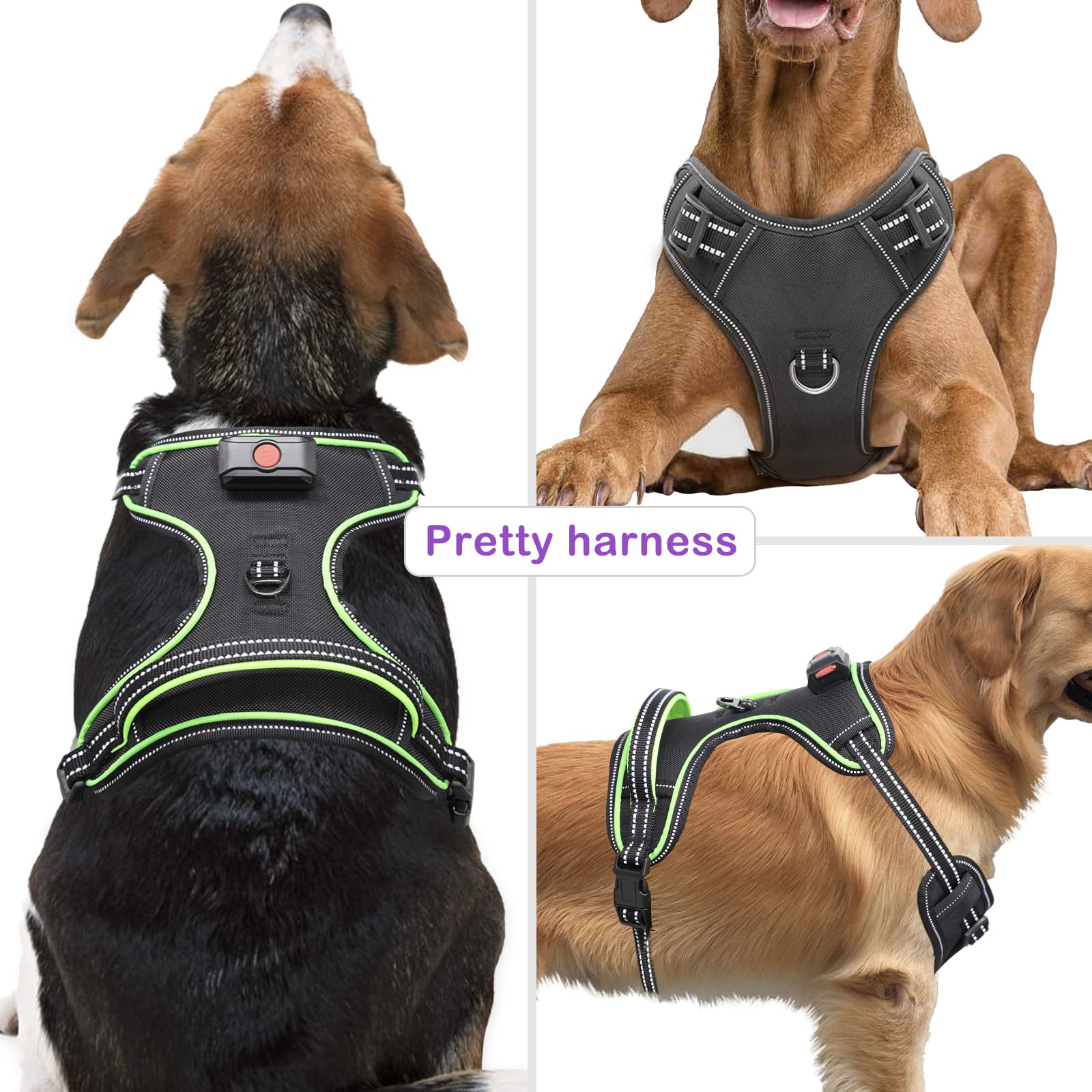 Light Up Dog Harness No Pull Led Dog Harness With Handle Vizbrite Rechargeable Lighted Dog Vest Harness For Small/Medium/Large/X-Large Size Dogs No Pull, 4 Point Adjustable Dog Harness Black-Green