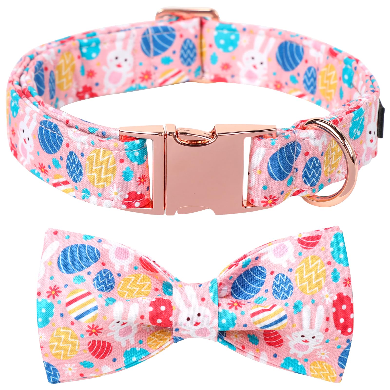Lionet Paws Easter Dog Collar With Bowtie, Pink Dog Bowtie Collar With Metal Buckle,Rabbit Colorful Egg Bow Tie For Dogs,S, Neck