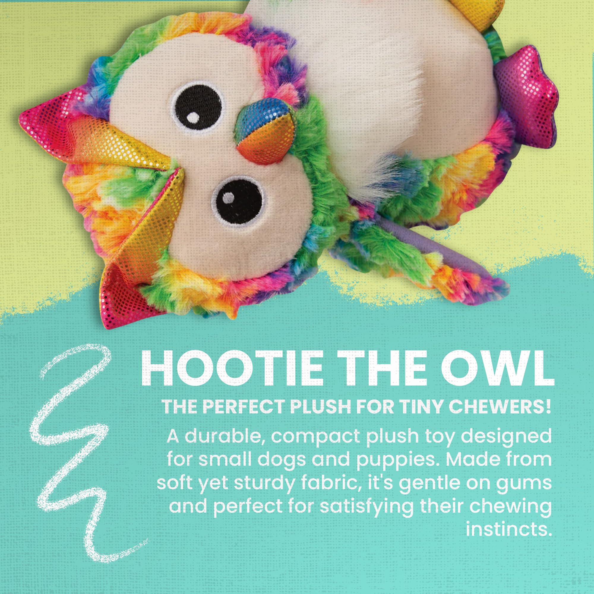 Snugarooz Hootie The Owl Plush Toy With Repair Patch - Crinkle Sounds Sparkly Rainbow Feathers - With Repair Patch - For Medium-Sized Dog