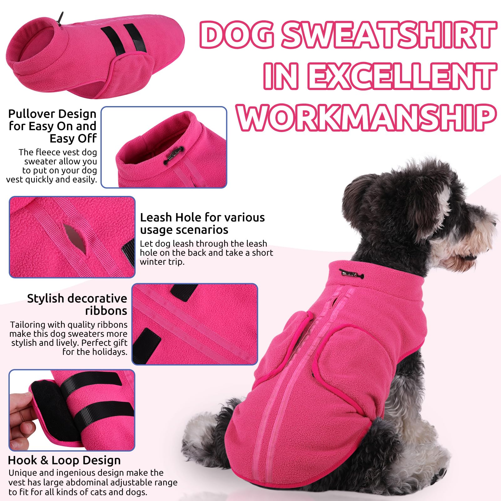 Queenmore Small Dog Sweater, Soft Fleece Vest Pullover Dog Jacket With Leash Hole, Warm Winter Dog Clothes Cold Weather Doggy Dachshund Sweaters For Small Dogs Cats Boy Or Girl (Pink, S)