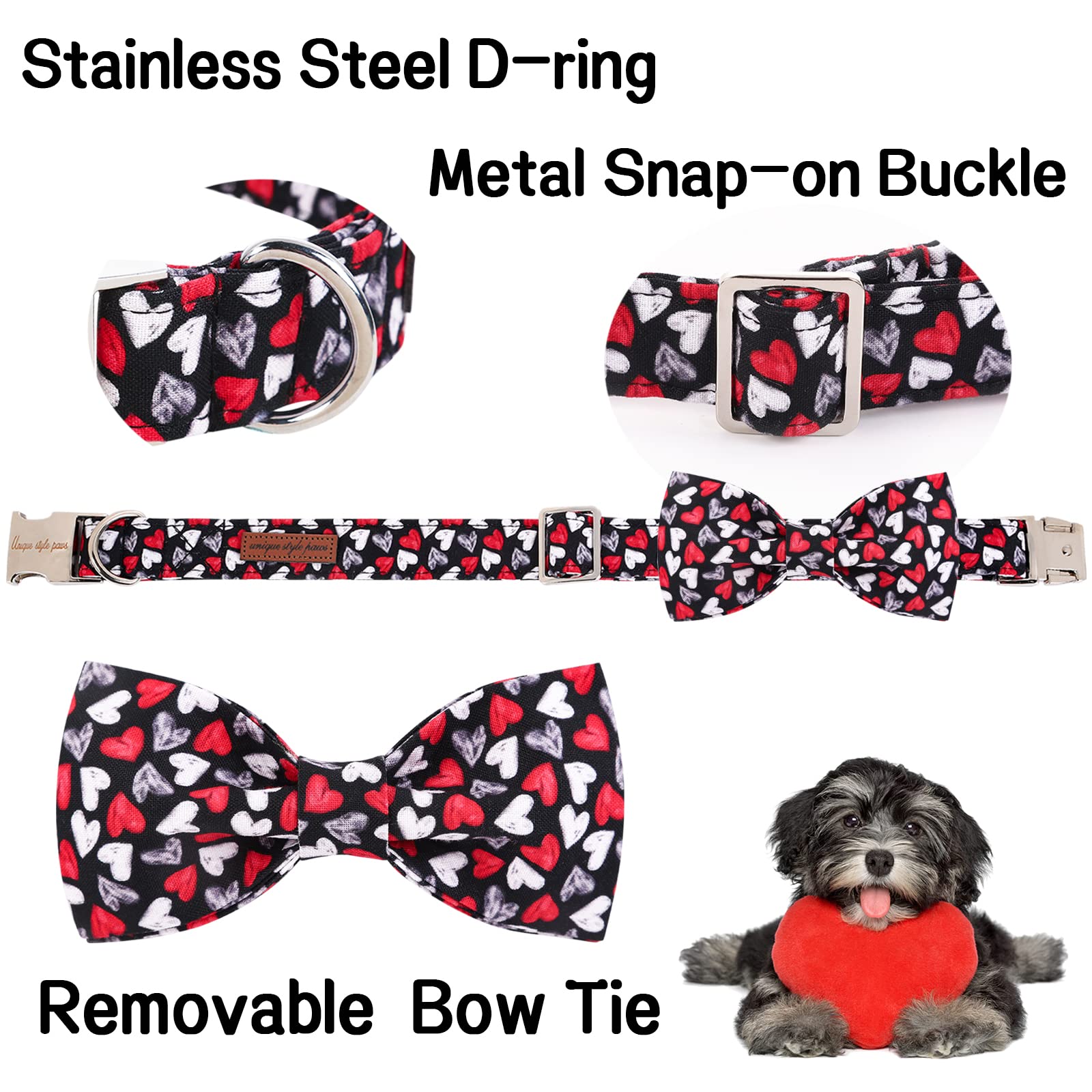 Unique Style Paws Valentine'S Day Dog Collar With Bow Tie Black & Red Heart Puppy Collar Best Gothic Style Gift For Small Medium