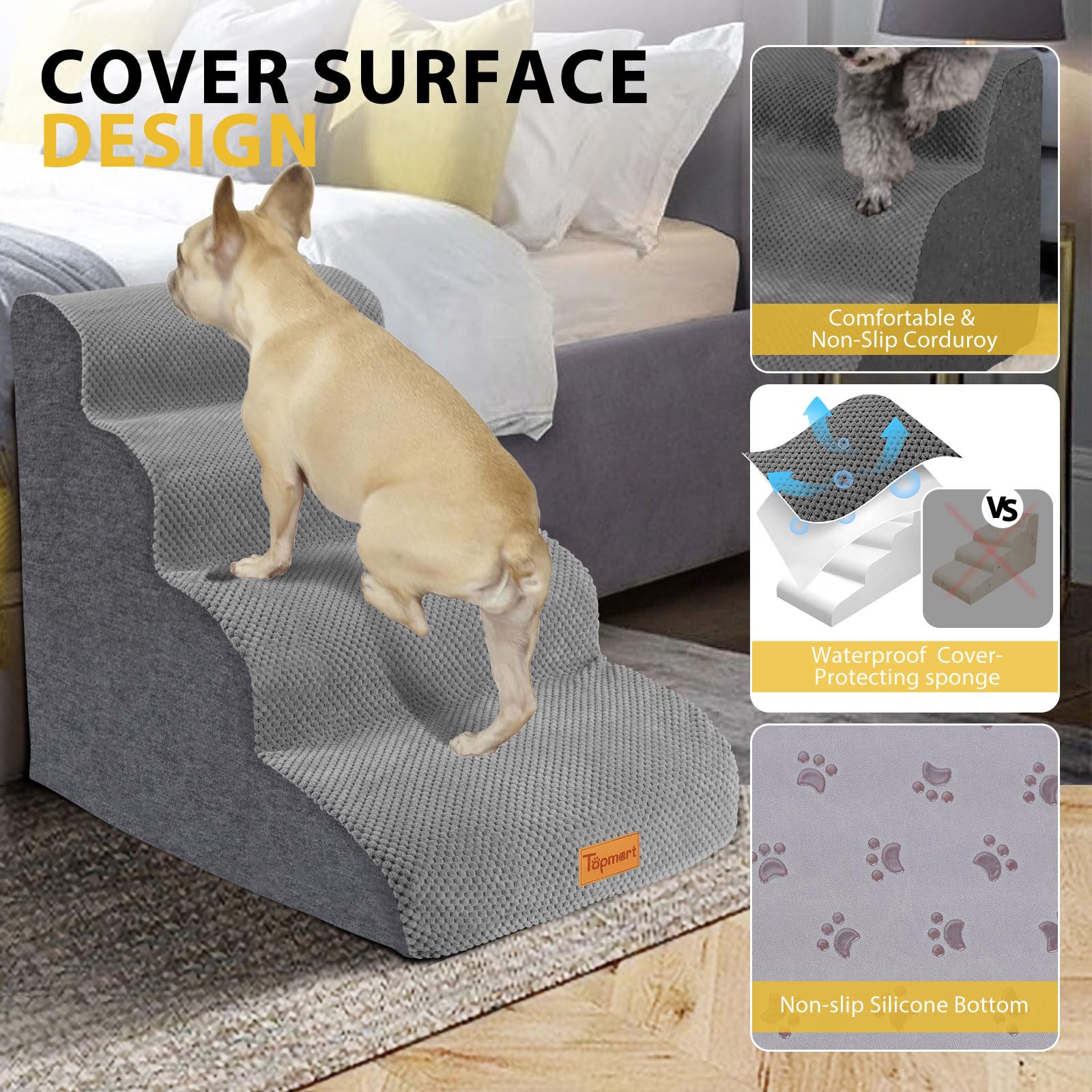 Dog Stairs For Small Dogs,4-Step,Foam Dog Steps&Ramps For Couch/High Beds With Waterproof &Removable Cover, Non-Slip, Grey