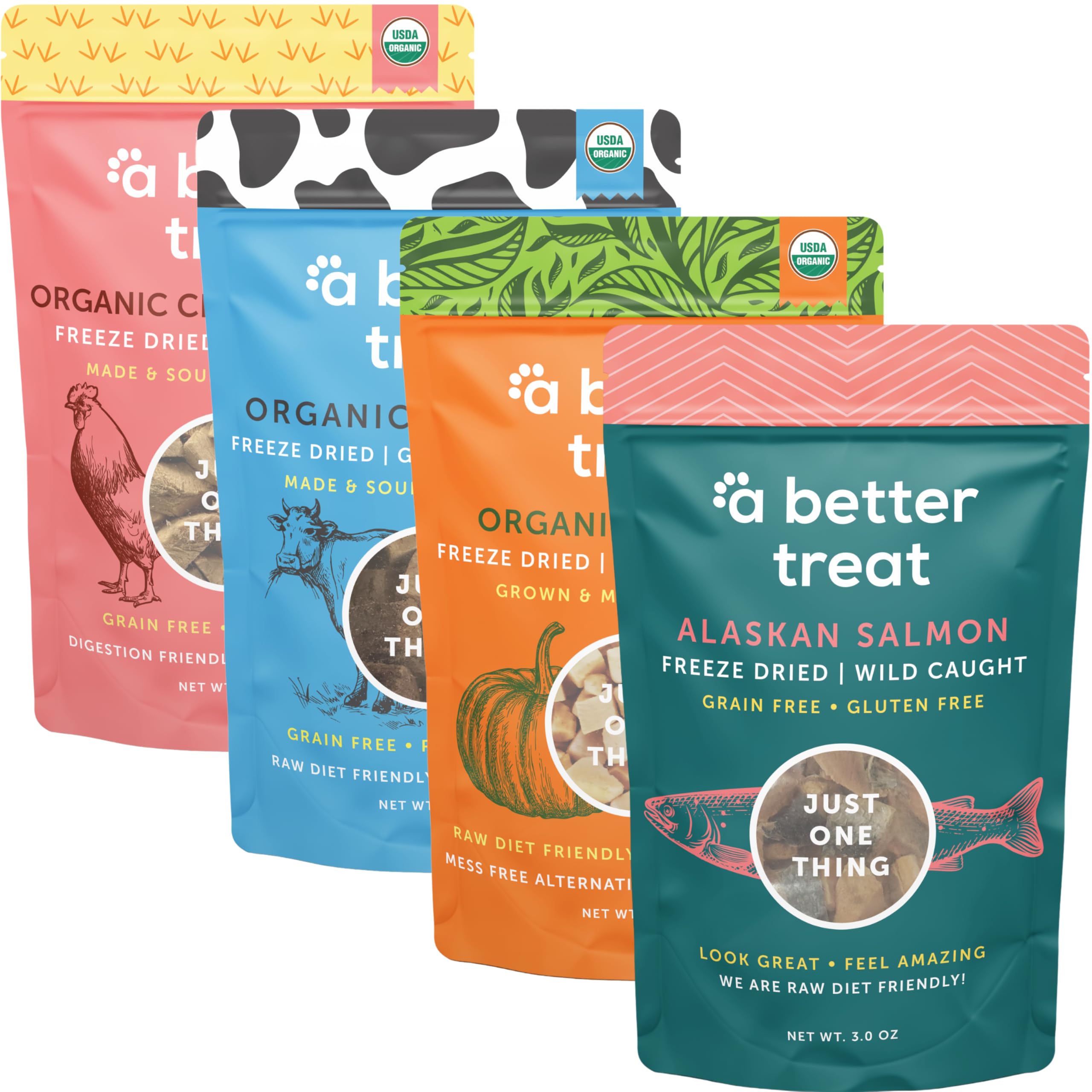 A Better Treat - Freeze Dried Organic Pumpkin, Wild Caught Salmon, Grass Fed Beef, Free-Range Chicken Dog and Cat Treats | Natur