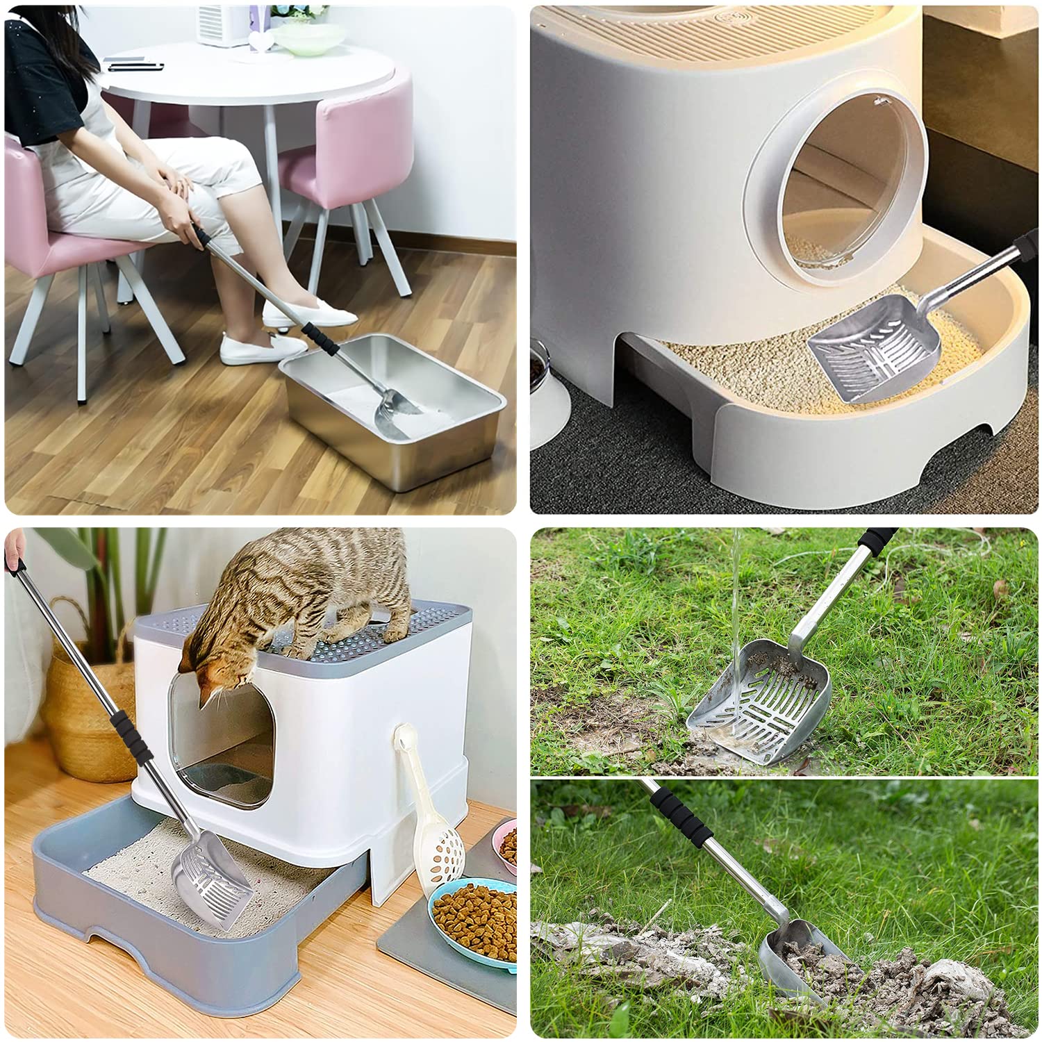 Cat Litter Scoop, Metal Long Handle Litter Scooper With Holder, Stainless Steel Detachable Litter Scoop With Foam Pad Grip, No B