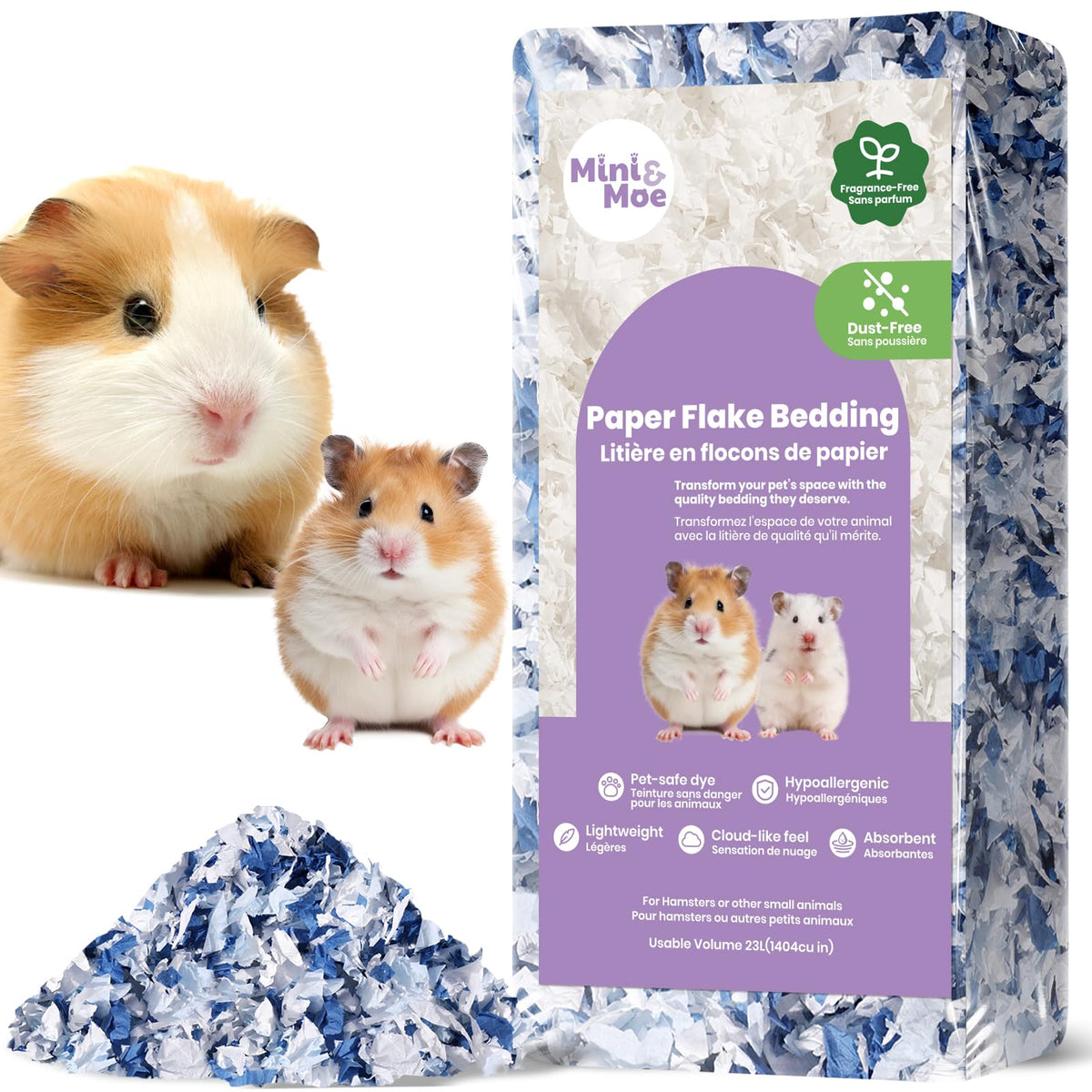 mini&moe Hamster Bedding: Dust-Free and Moisture Absorbent Odor Control Natural Paper Small Pet Bedding - for Guinea Pigs, Hamst