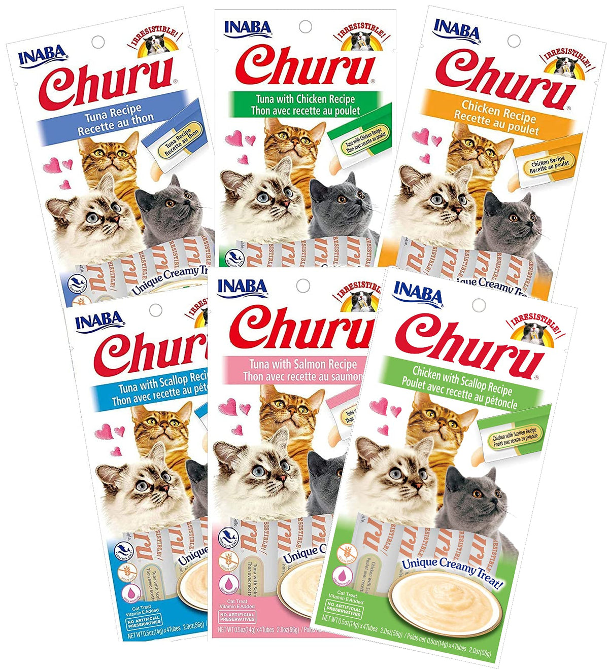 Inaba Churu Lickable Purée Wet Treat For Cats - No Grains, No Preservatives, With Added Vitamin E And Green Tea - 6 Flavor Pack Of 24 Tubes