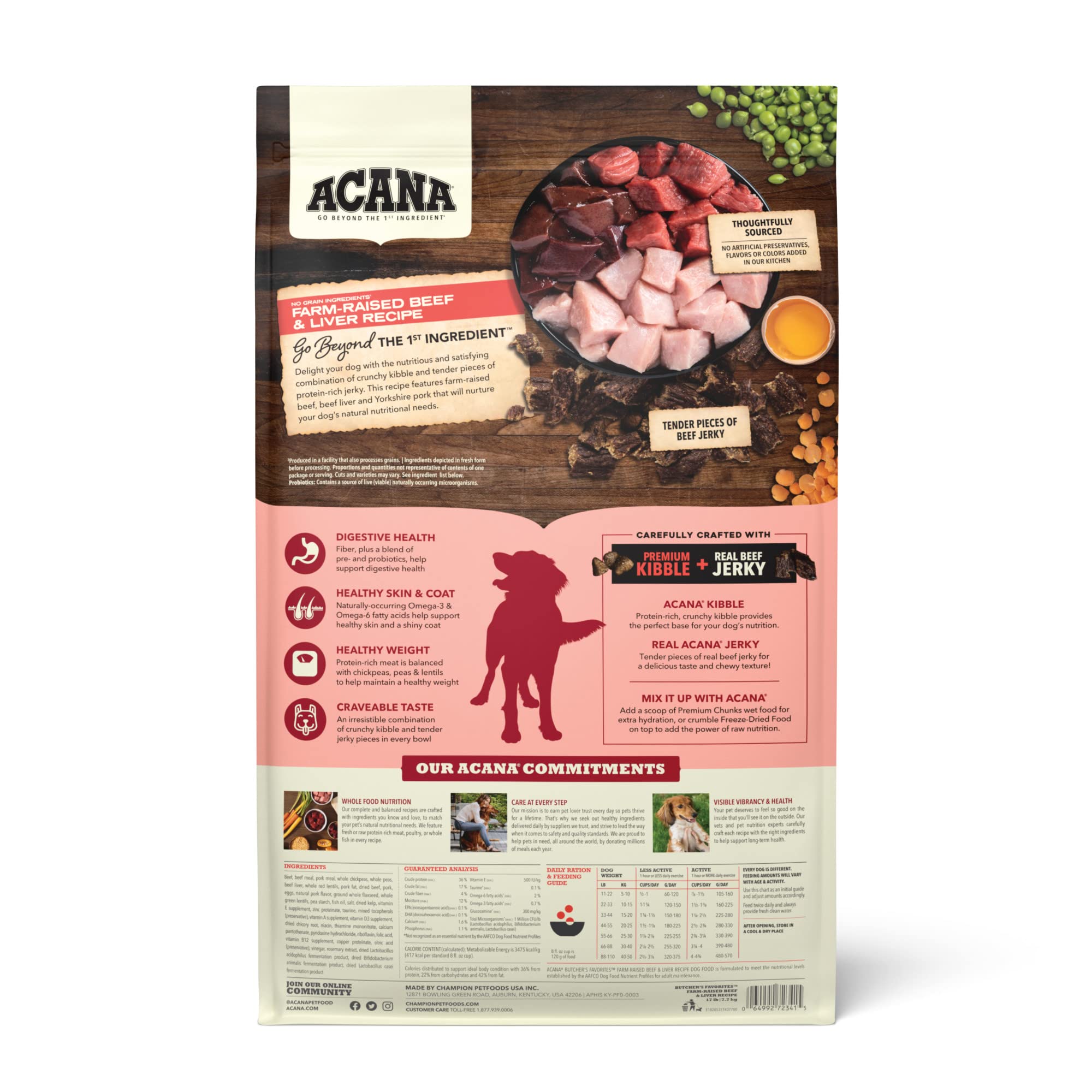 ACANA Butchers Favorites Dry Dog Food, Farm-Raised Beef & Liver Recipe, Dry Kibble and Beef Jerky Pieces, 17lb