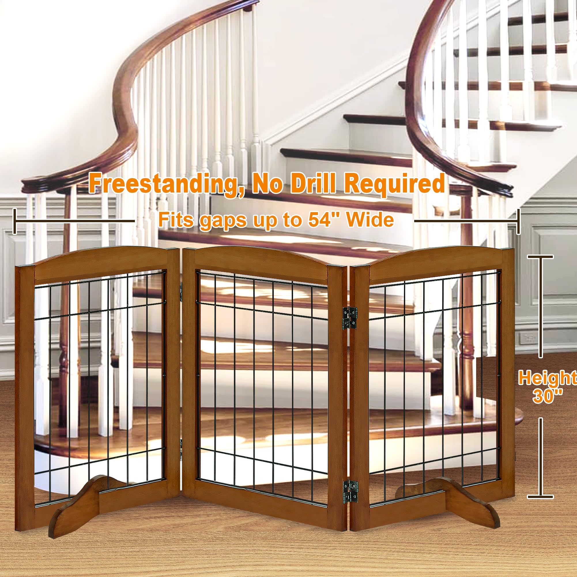 LZRS 3-Panel Freestanding Adjustable Wooden Dog Gate-30  Tall Foldable Pet Barrier with Support Feet, Chew-Resistant Solid Hardw
