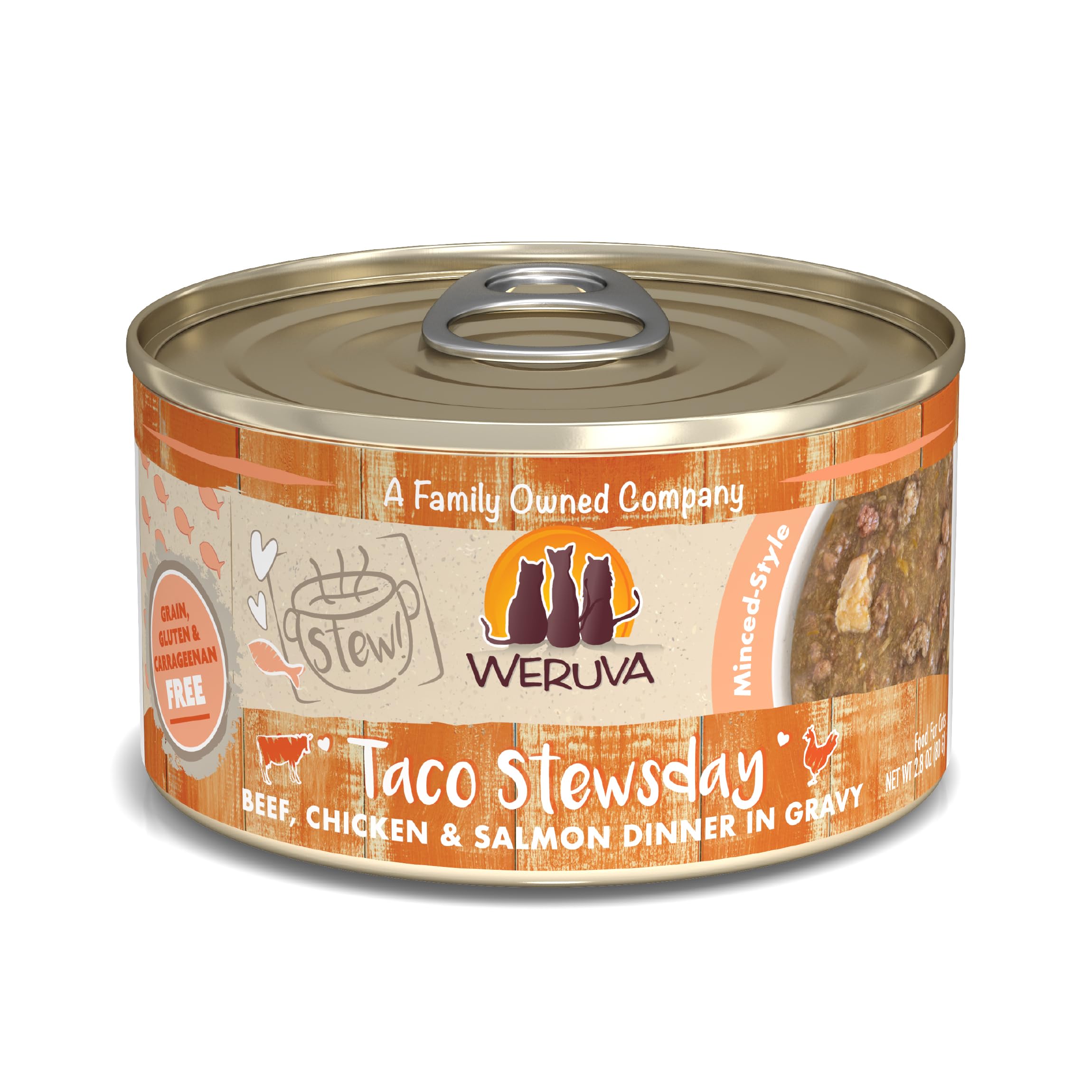 Weruva Classic Cat Stews!, Taco Stewsday with Beef, Chicken & Salmon in Gravy, 2.8oz Can (Pack of 12)