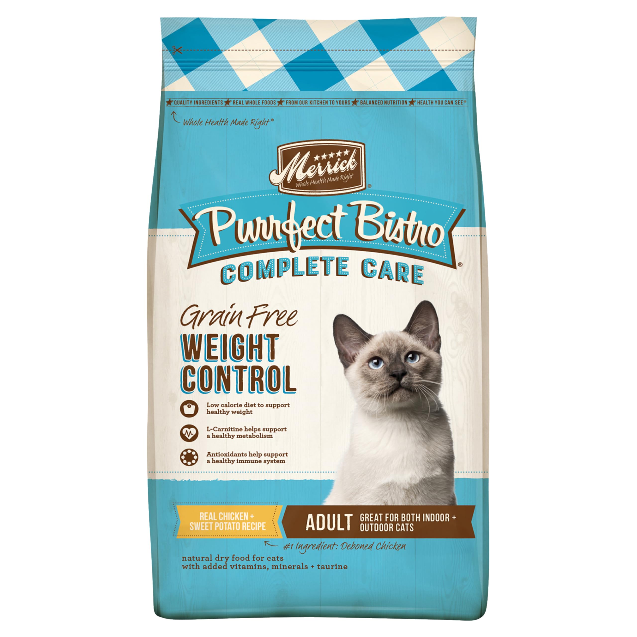 Merrick Purrfect Bistro Grain Free Natural Dry Cat Food For Adult Cats, Complete Care Weight Control Recipe - 4 lb. Bag