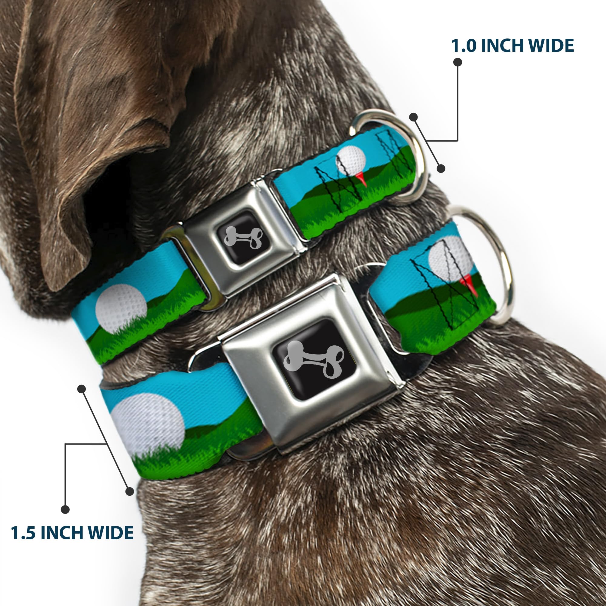 Dog Collar Seatbelt Buckle Golf Course Balls Holes Blues Greens 9 To 15 Inches 1.0 Inch Wide, Dc-W33300-S