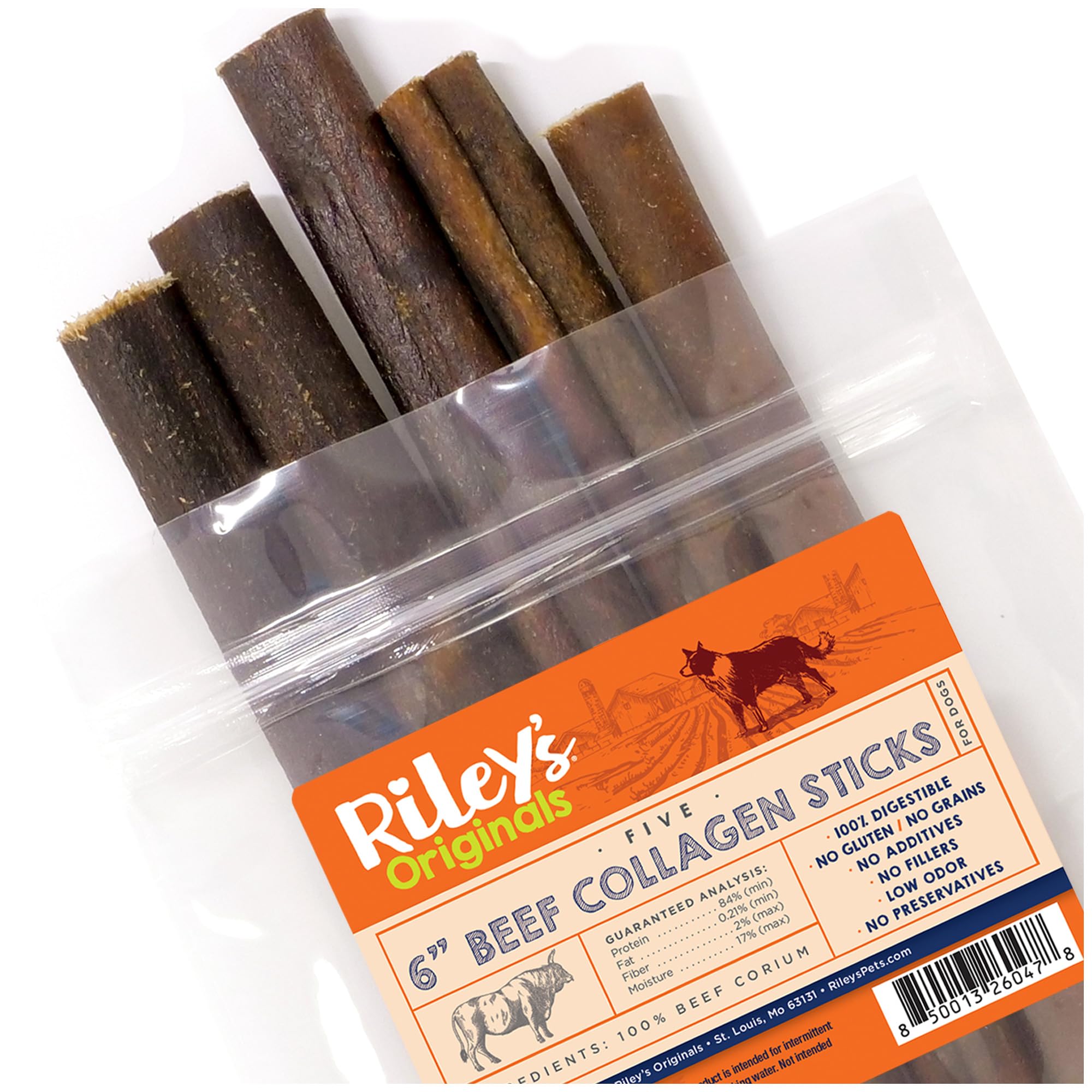 Rileys 6 Inch Beef Collagen Sticks for Dogs, Collagen Chews for Dogs, Bully Stick & Rawhide Alternative, Long Lasting, No Raw H