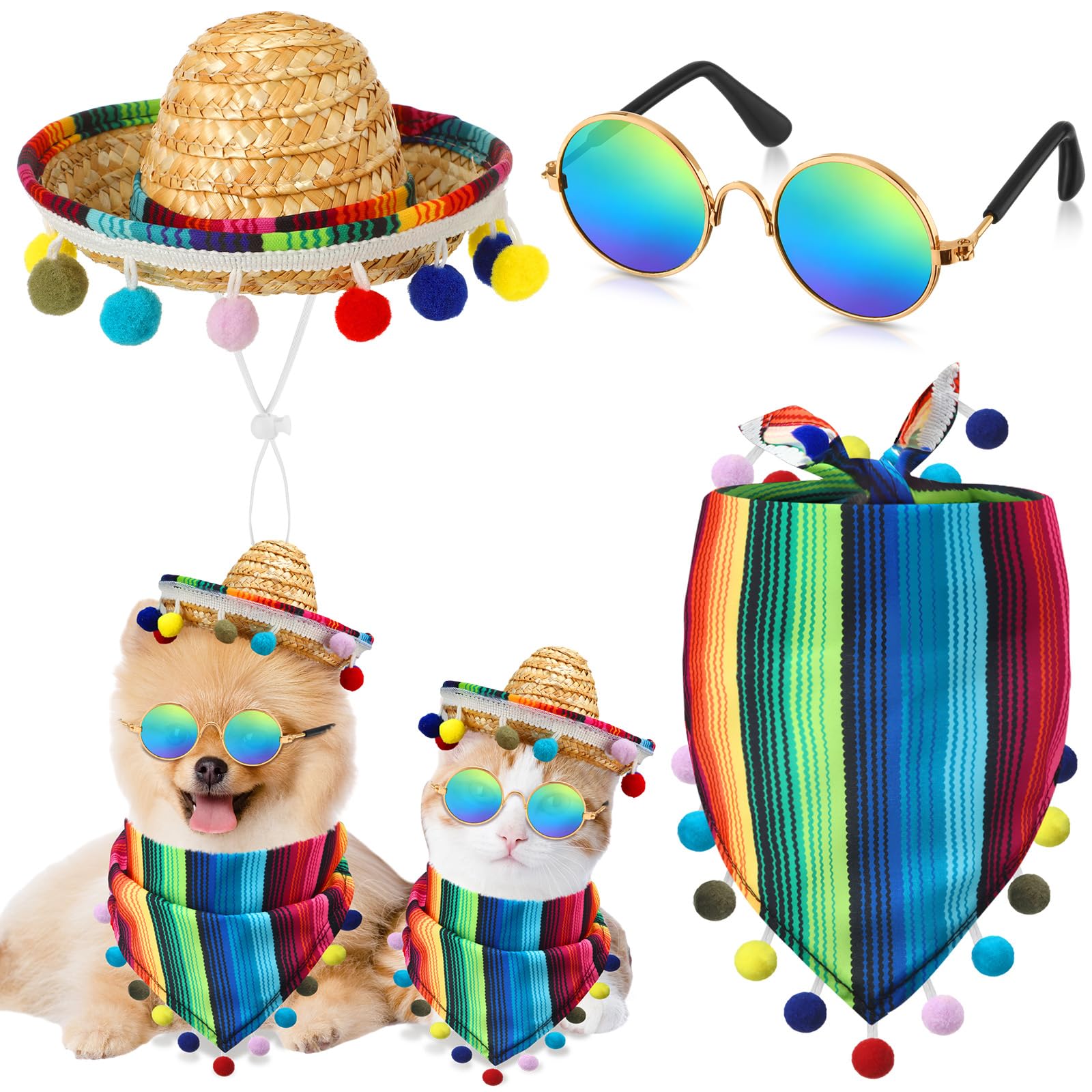 Jagely 3 Pcs Mexican Dog Costume Multicolor Cinco De Mayo Fiesta Cat Bandana With Pom Poms Porch Goose Outfits Mini Sombrero Mex