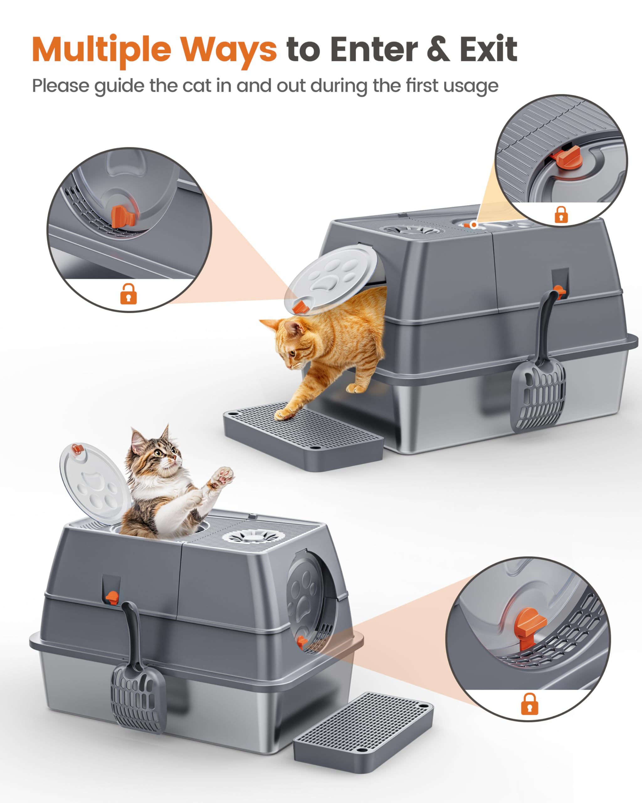 Stainless Steel Litter Box with Lid XL Large Enclosed High Sided Covered Metal Steel Cat Litter Box with Steps Scoop, Easy Clean