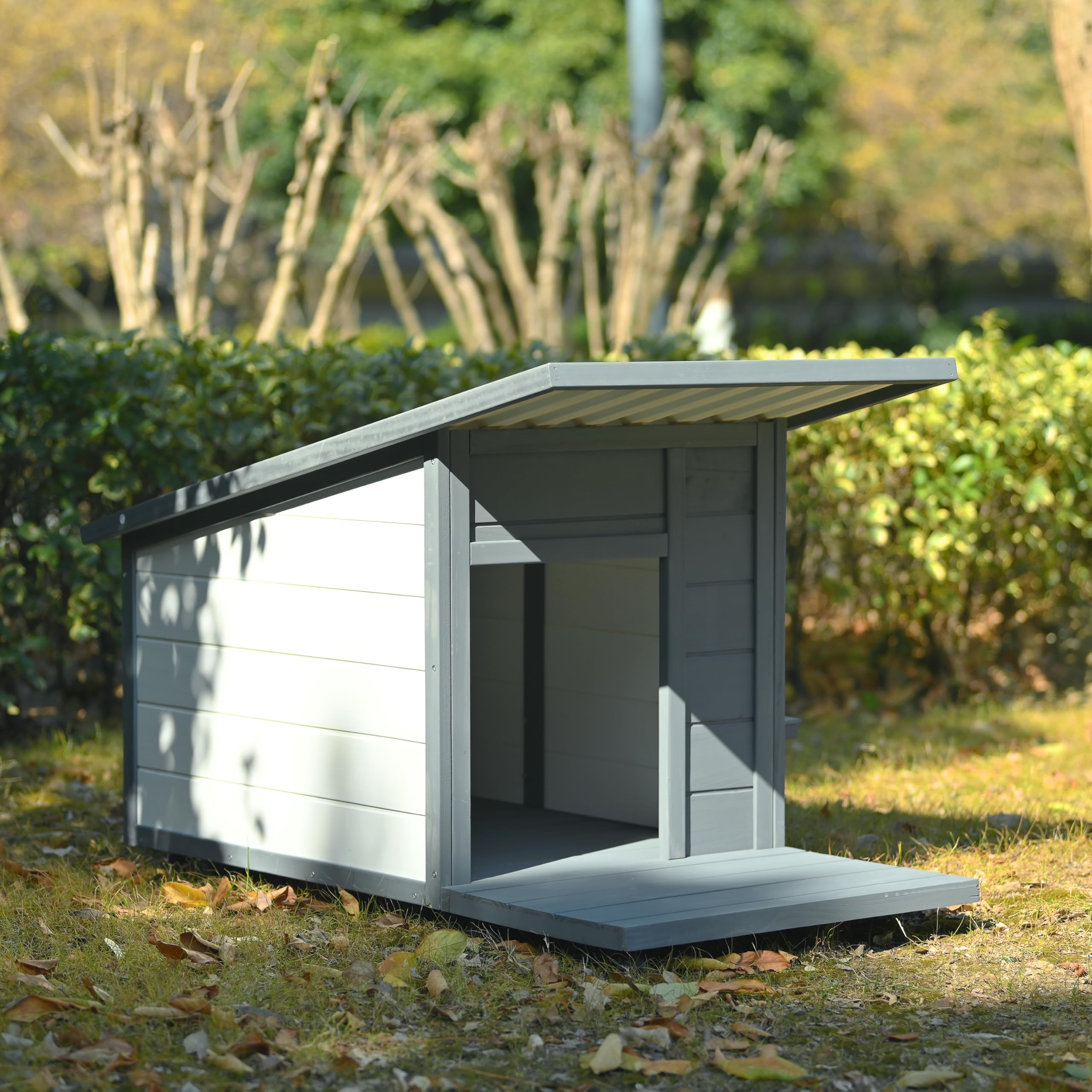 Yopto Dog House With Terrace,Weatherproof Pvc Roof Small Dogs Kennel W/ 2 Feeding Stainless Bowls And 4 Wheels,Indoor & Outdoor 